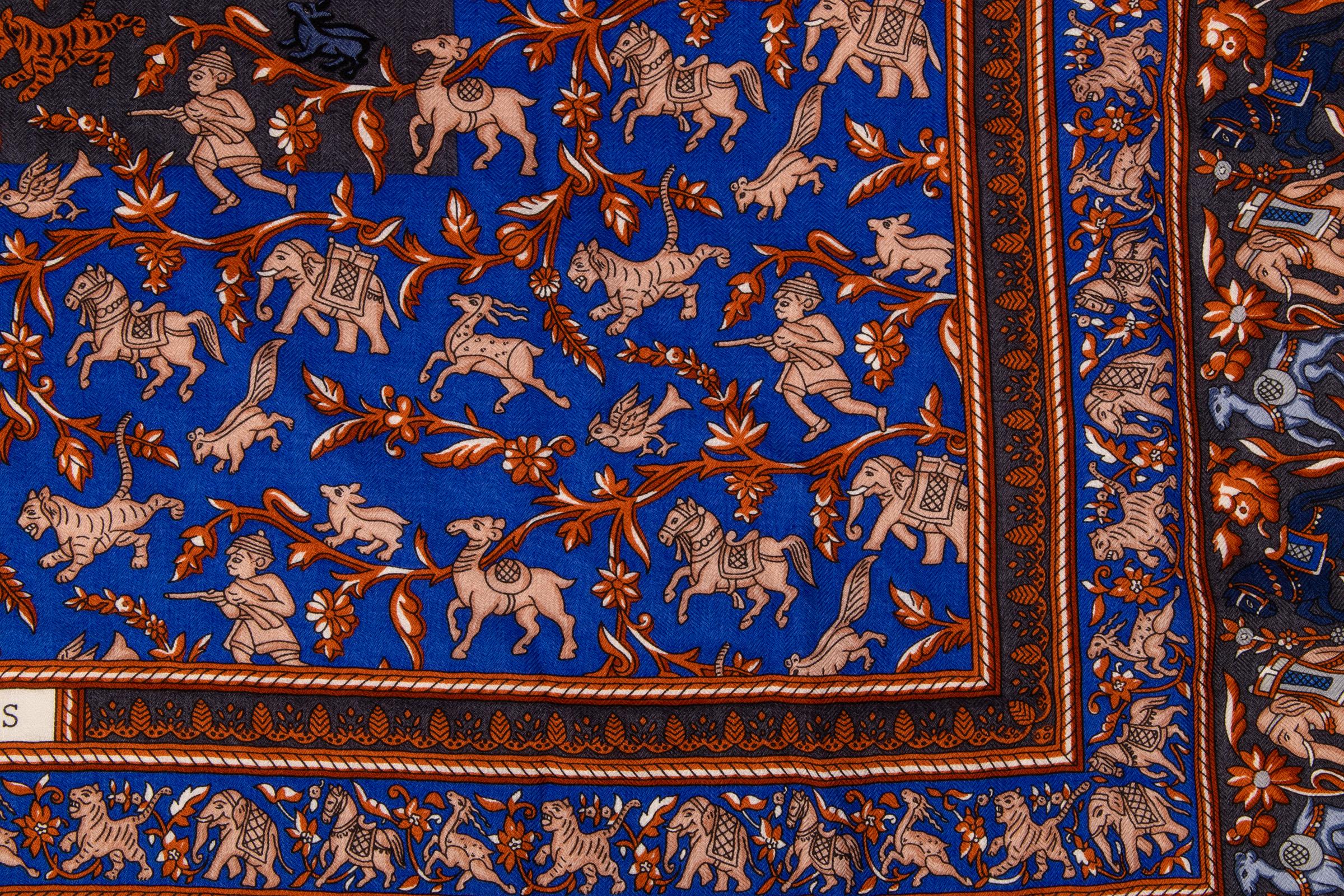Hermès - Écharpe/châle vintage 140 Chasse en Inde en cachemire et soie bleu 3