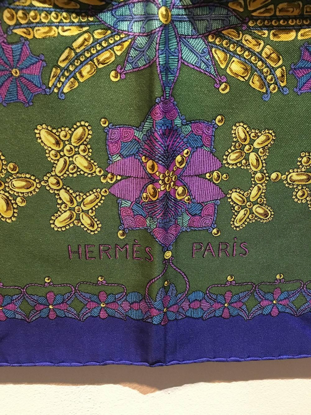 Women's or Men's Hermes Vintage Scheherazade Silk Scarf in Green and Blue c1985