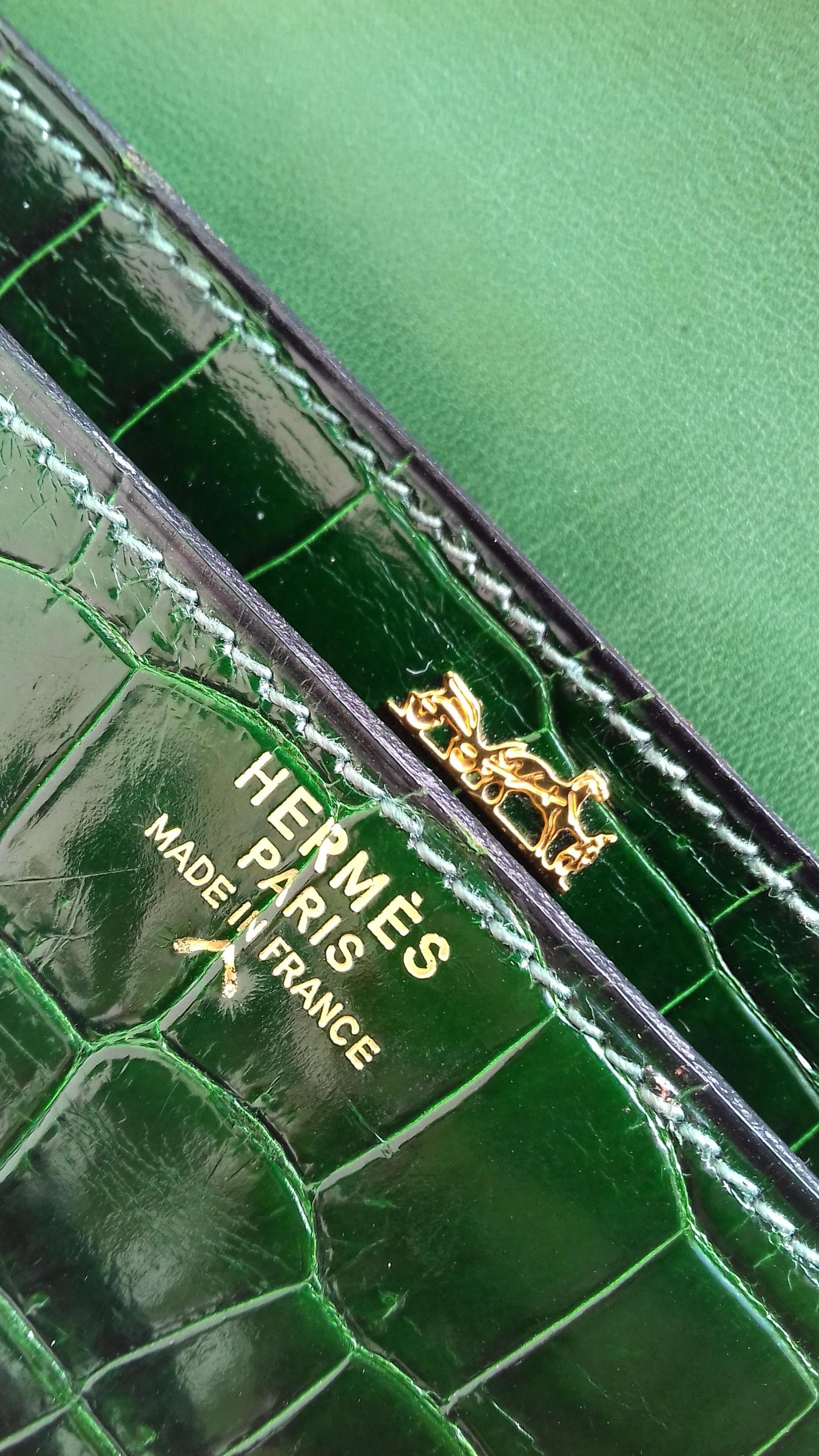 Hermès Vintage Sequana Bag Emerald Green Porosus Crocodile Ghw + Cards Holder 11