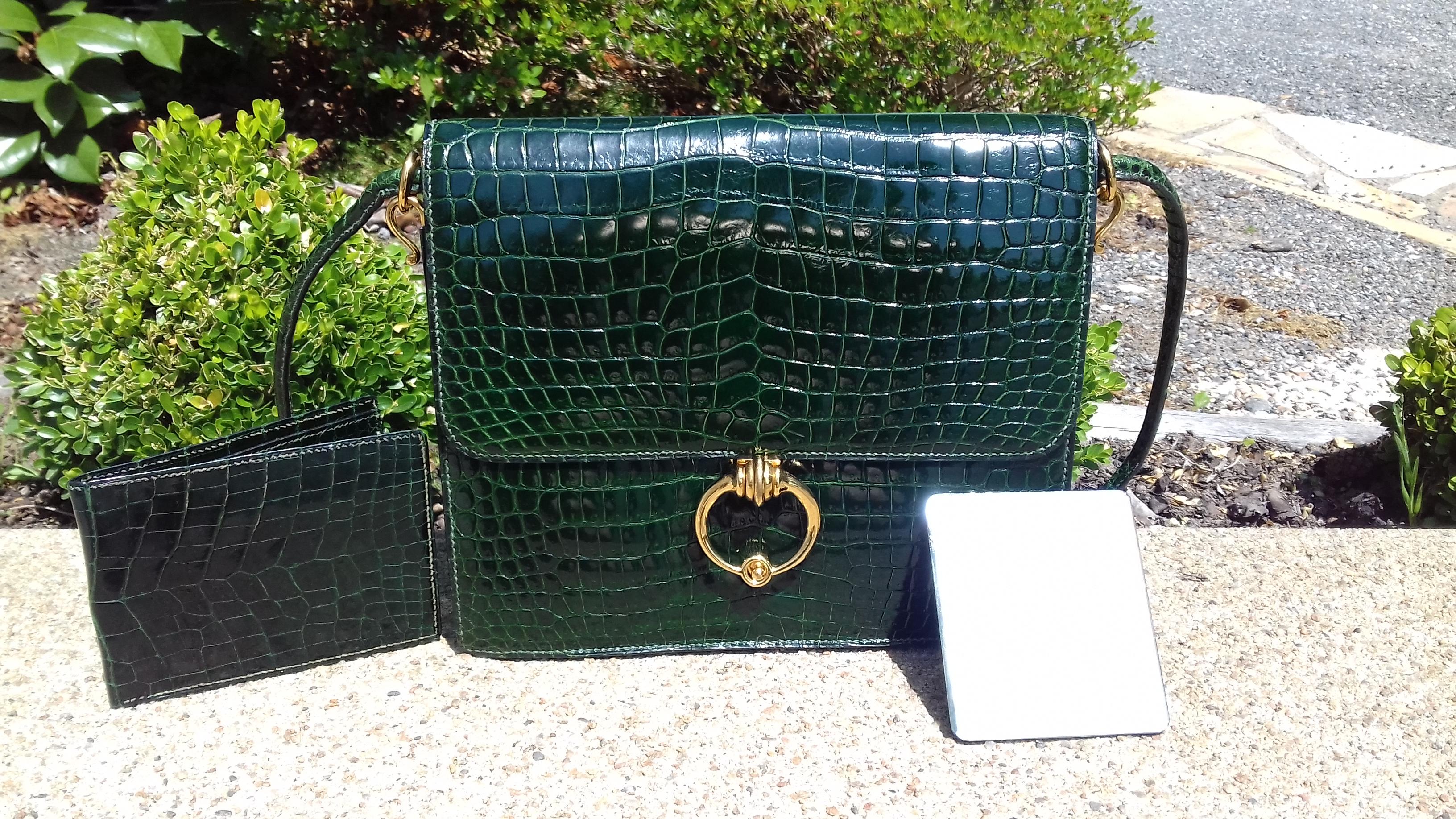 Hermès Vintage Sequana Bag Emerald Green Porosus Crocodile Ghw + Cards Holder 16