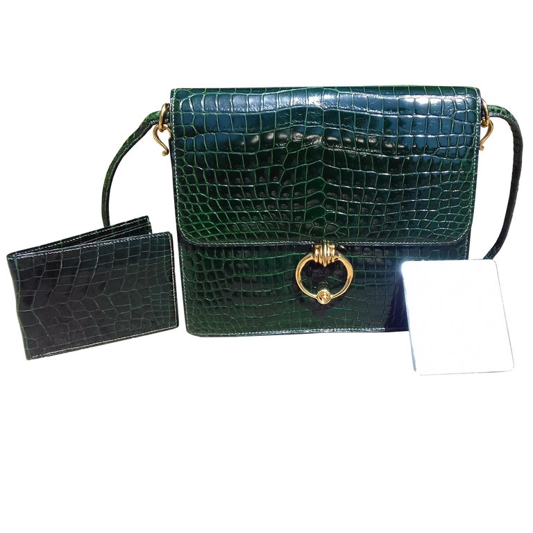 Hermès Vintage Sequana Bag Emerald Green Porosus Crocodile Ghw + Cards Holder at 1stDibs