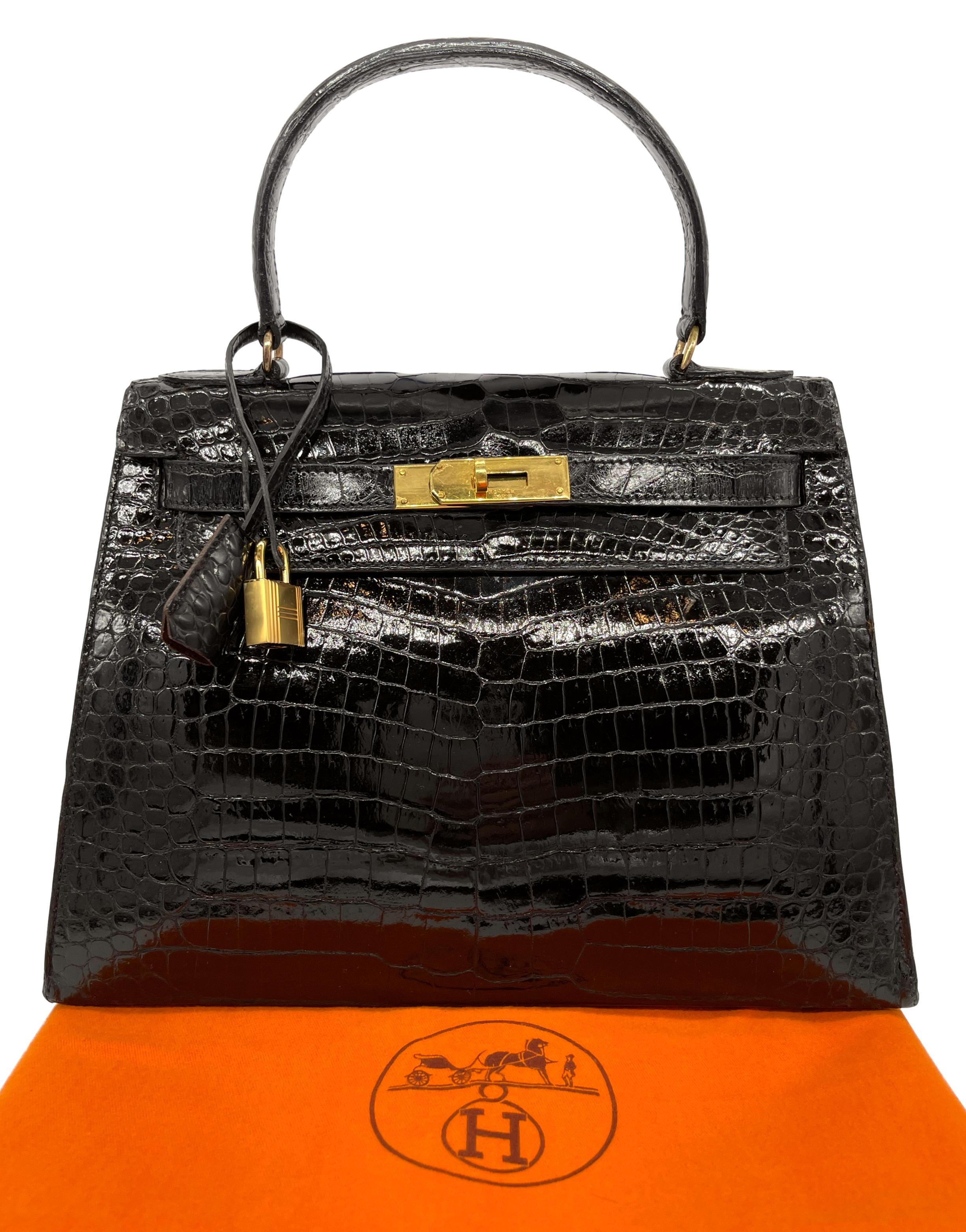 Hermès Kelly Bag aus glänzendem schwarzem Porosus-Krokodil mit Goldbeschlägen 28, 1940. im Angebot 16