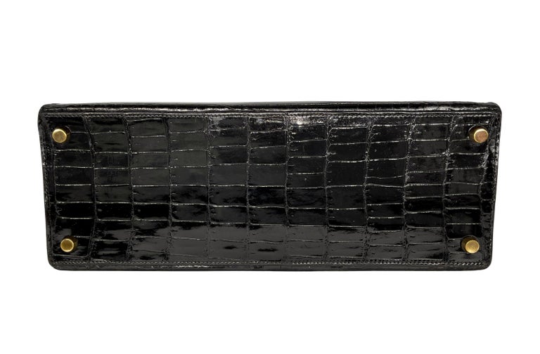Hermès Vintage Shiny Black Porosus Crocodile Bag with Gold Hardware 28,  1940. For Sale at 1stDibs