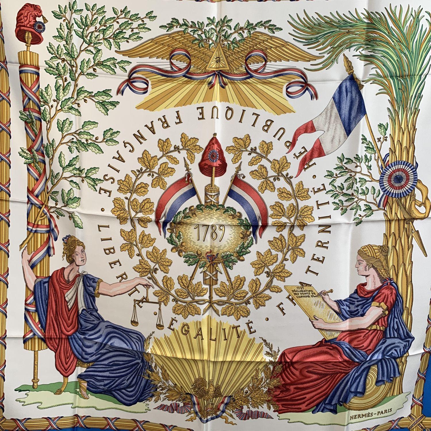 Vintage HERMES commemorative scarf ' 1789 - REPUBLIQUE FRANCAISE LIBERTE EGALITE FRATERNITE ' by Joachim Metz and originally issued in 1989, to celebrate the 200th anniversary of the French Republic. It depicts an historical allegoric design on