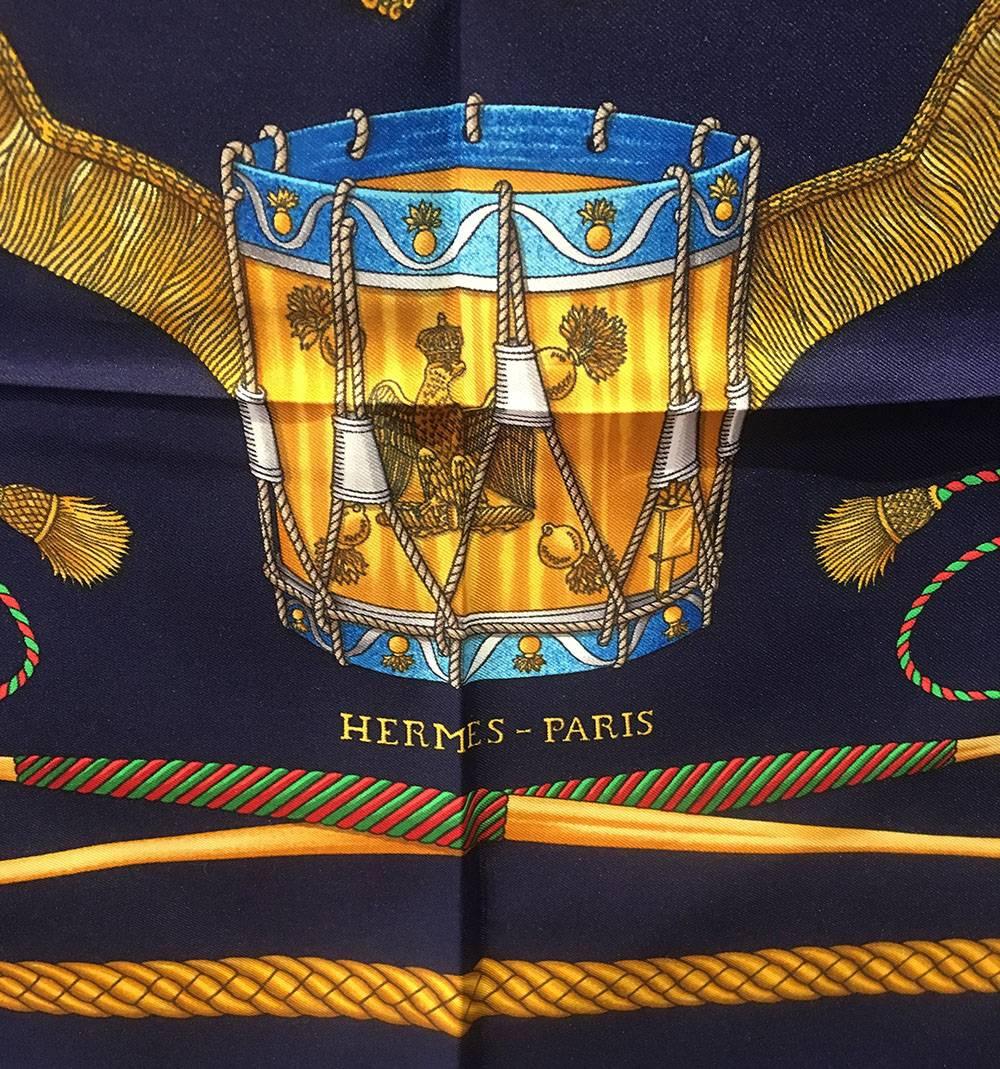 Hermes Vintage Silk Les Tambours Scarf In Navy In Excellent Condition In Philadelphia, PA