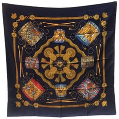 Hermes Vintage Silk Les Tambours Scarf In Navy