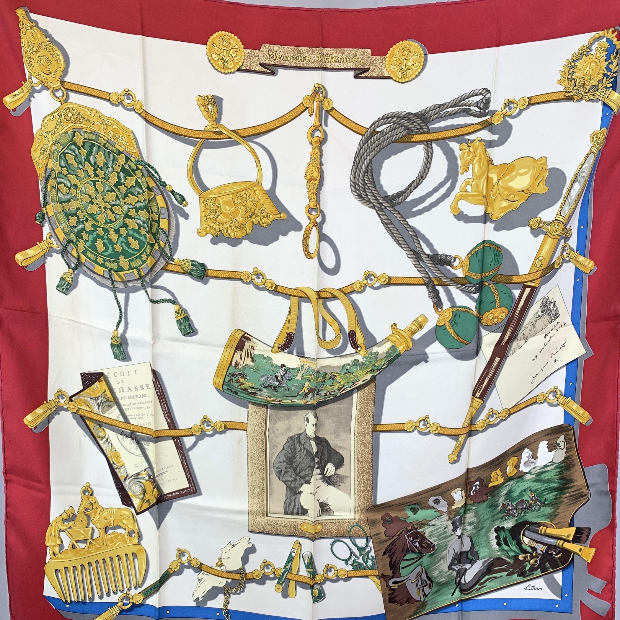 This exquisite Hermes silk twill scarf, 'Memoires d'Hermes', designed by Cathy Latham, is a beautiful homage to the legacy and artistry of the Maison. Originally issued in 1992, this edition is a rare collector's item due to its inclusion of a note