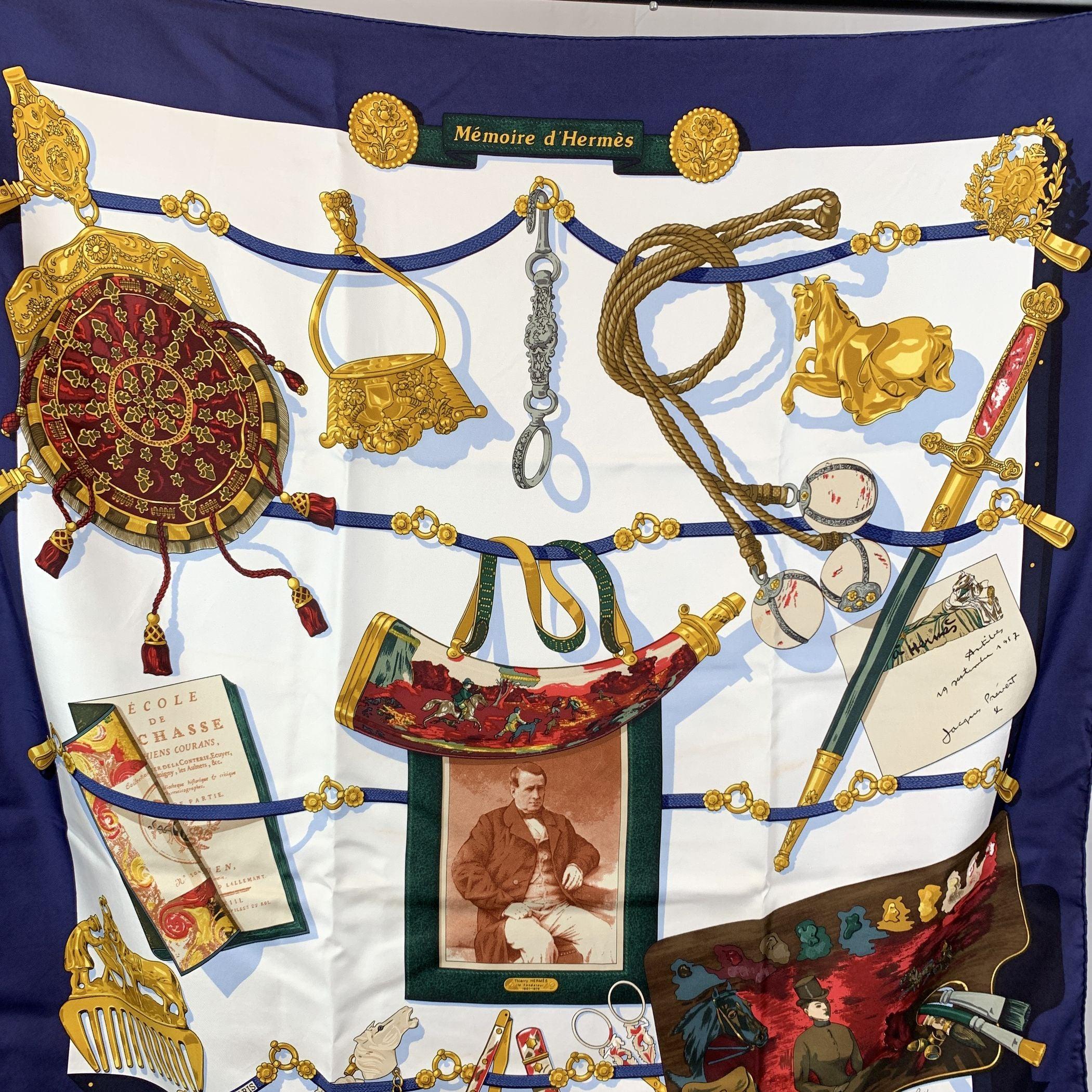 This exquisite Hermes silk twill scarf, 'Memoires d'Hermes', designed by Cathy Latham, is a beautiful homage to the legacy and artistry of the Maison. Originally issued in 1992, this edition is a rare collector's item due to its inclusion of a note