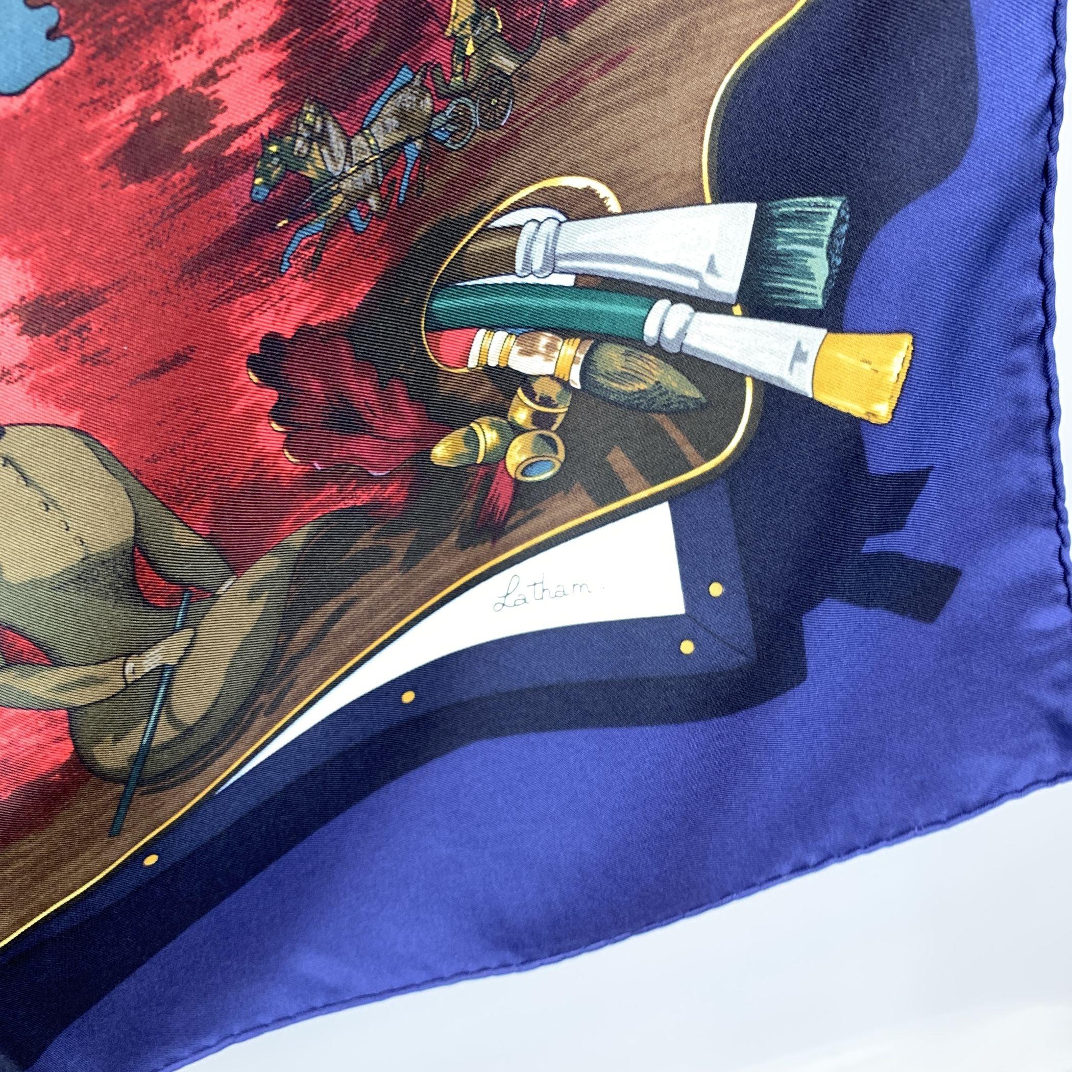 Beige Hermes Vintage Silk Scarf 1992 Memoires D'Hermes Latham Blue