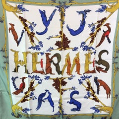 Hermes Vintage Silk Scarf Alphabet III 1990 Annie Faivre Light Green