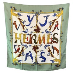 Hermes Vintage Silk Scarf Alphabet III 1990 Annie Faivre Light Green