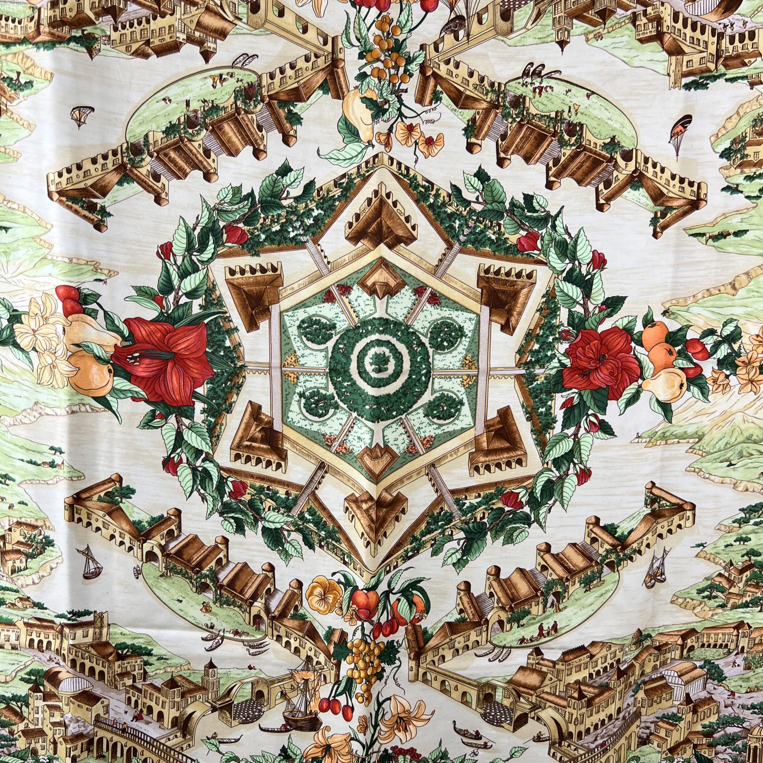 HERMES Silk scarf named 'Au Pays de Cocagne', designed by artist Zoe Pauwels and issued for the first time in 2000. The design is inspired by the utopian concept of the 'town of Cuccagna', that is to say an ideal place, mentioned in many texts of
