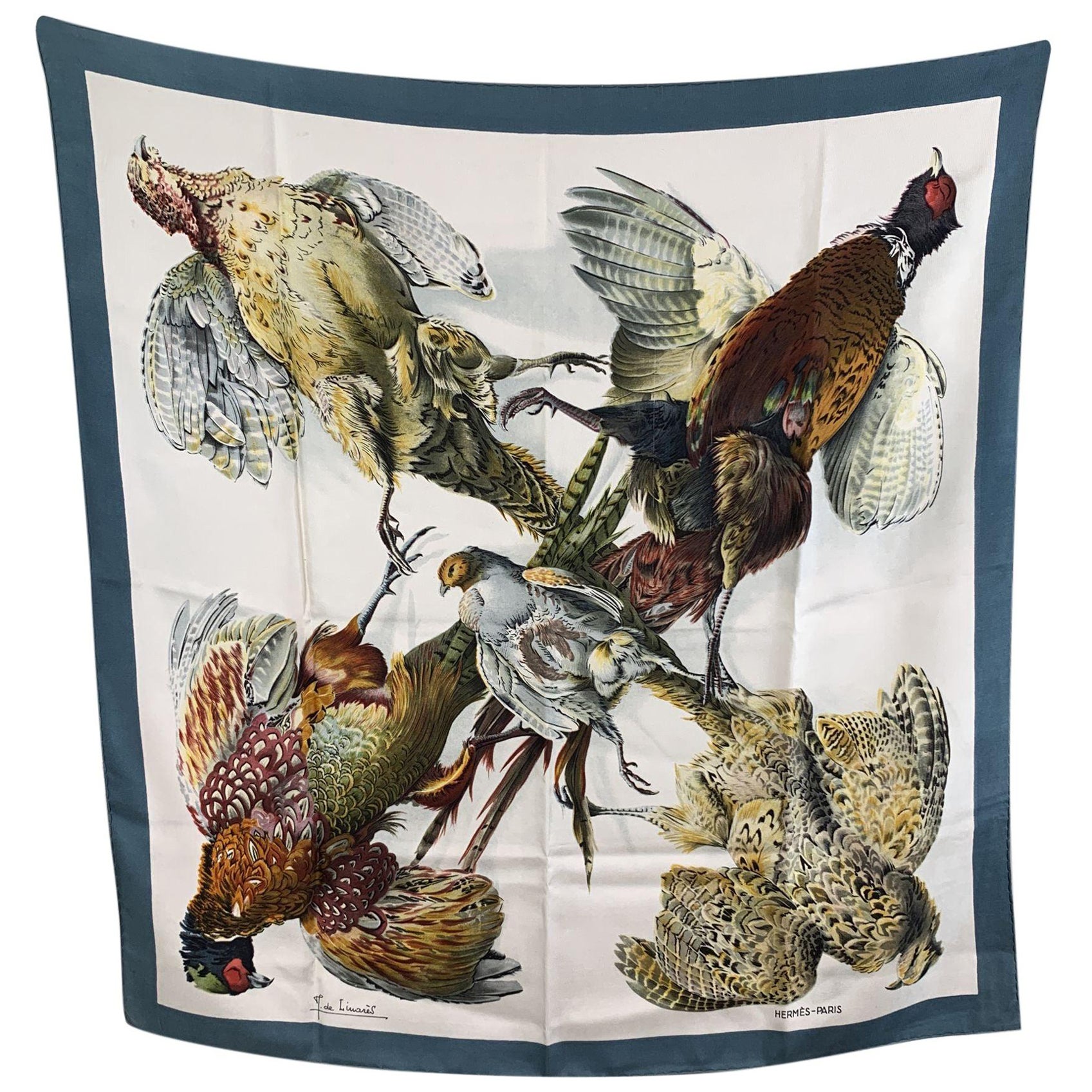 Hermes Vintage Silk Scarf Belle Chasse 1963 De Linares Teal Borders