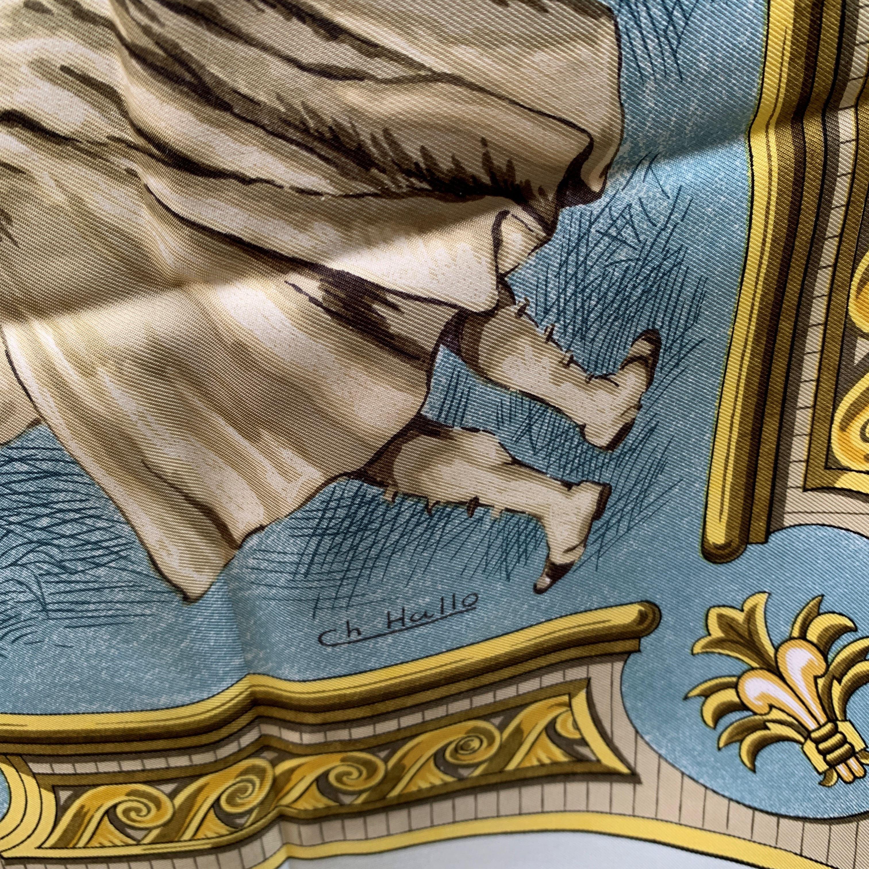 Gray Hermes Vintage Silk Scarf Chiens et Valets 1963 Charles Hallo