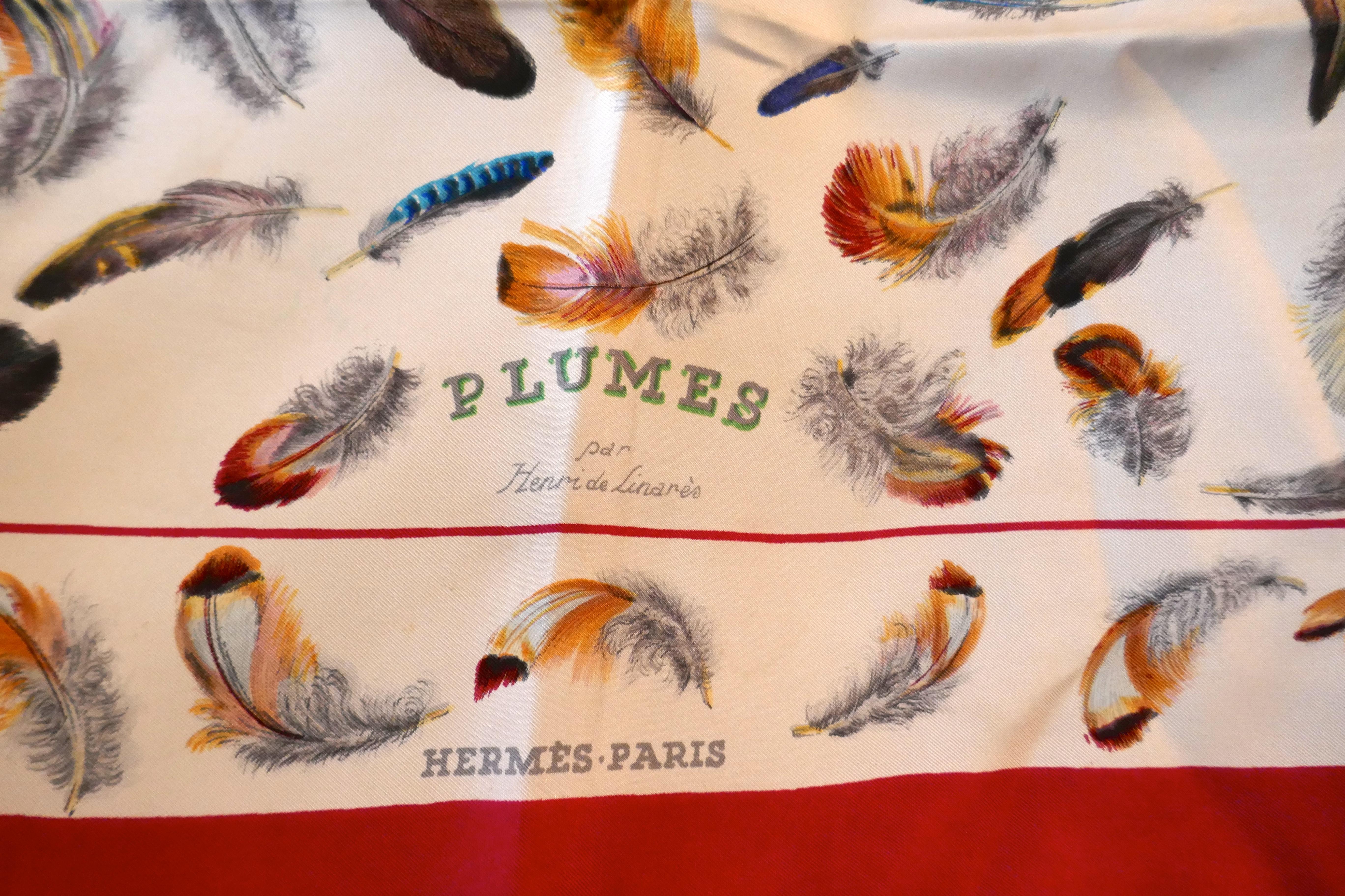HERMÈS Vintage Silk Scarf design by Henri de Linares “Plumes” 100% Silk Scarf, Red Border

Feathers in wonderful colour and detail,  dating from 1953. Pre copyright
This design has the designer’s Signature 
The scarf in good condition, boxed and