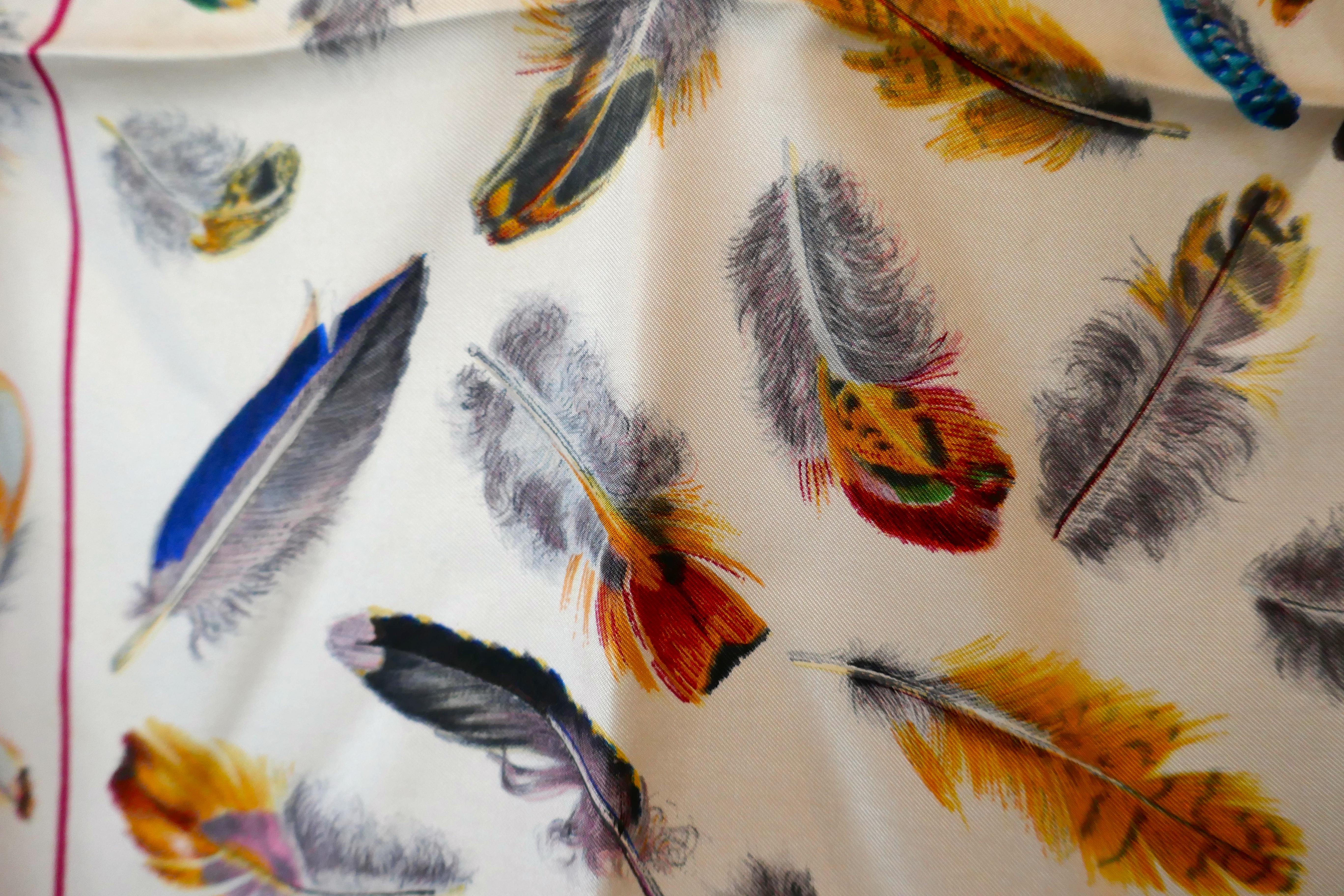 Women's or Men's HERMÈS Vintage Silk Scarf design by Henri de Linares “Plumes” 100% Silk Scarf, 