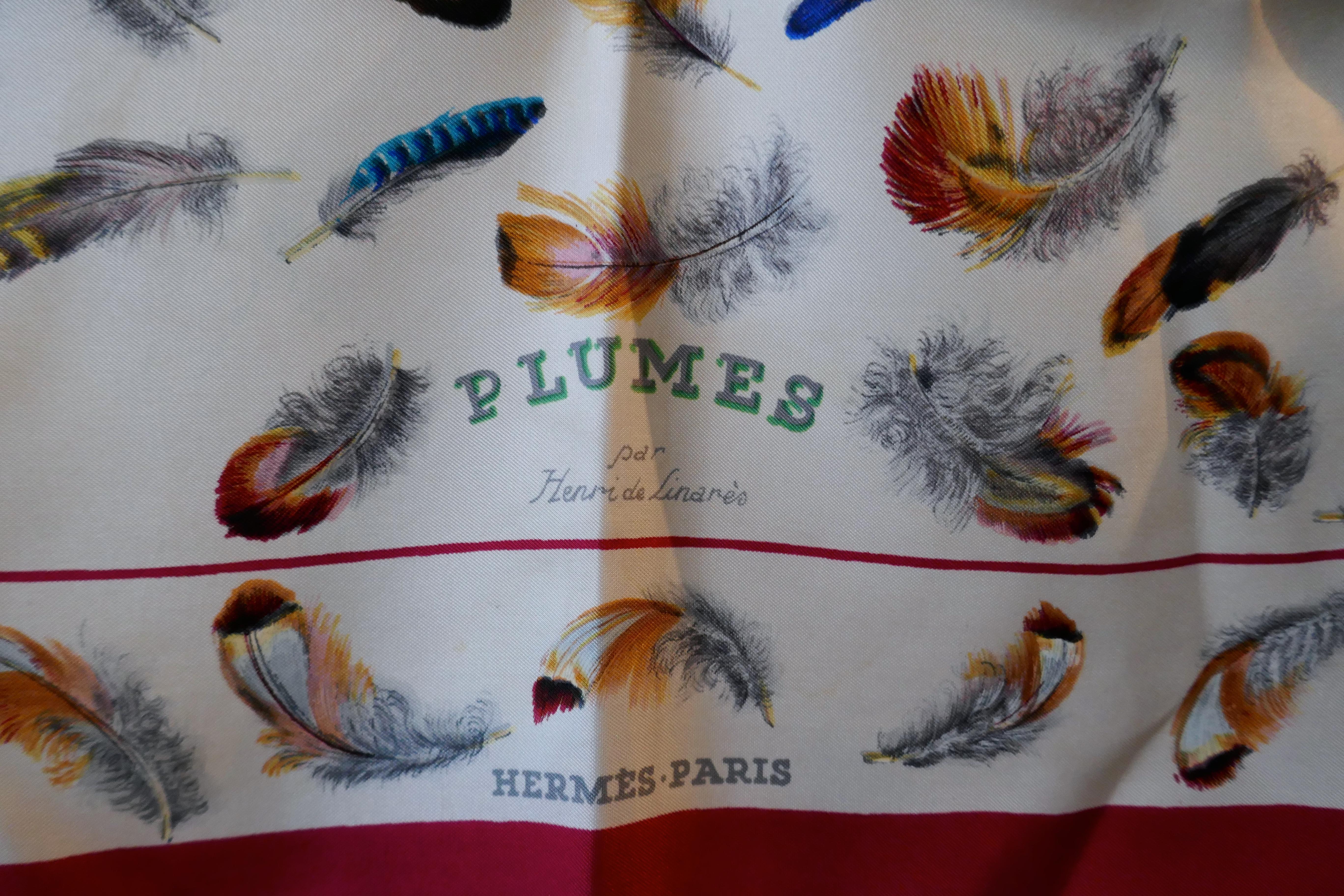 HERMÈS Vintage Silk Scarf design by Henri de Linares “Plumes” 100% Silk Scarf,  1