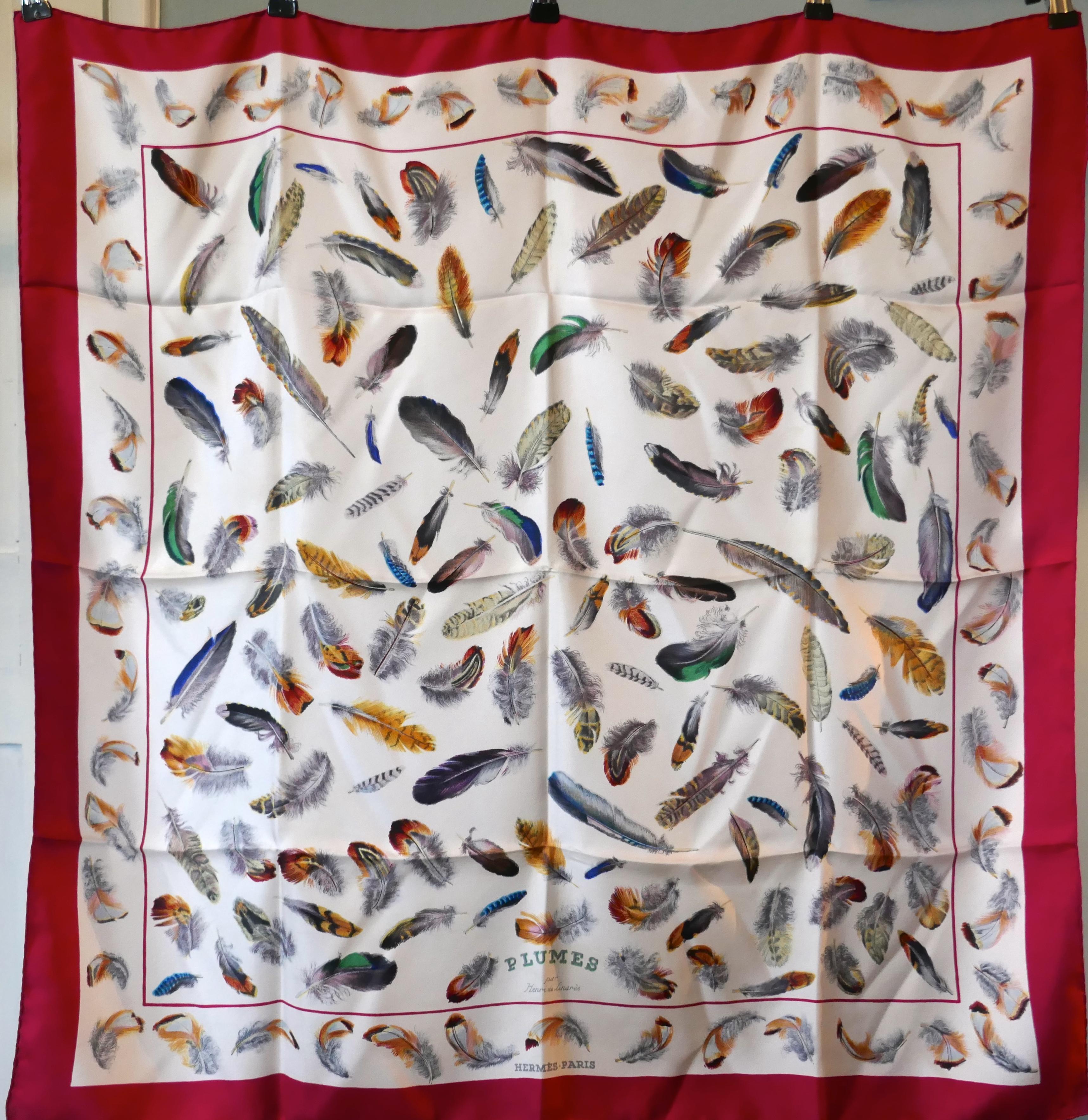 HERMÈS Vintage Silk Scarf design by Henri de Linares “Plumes” 100% Silk Scarf,  2