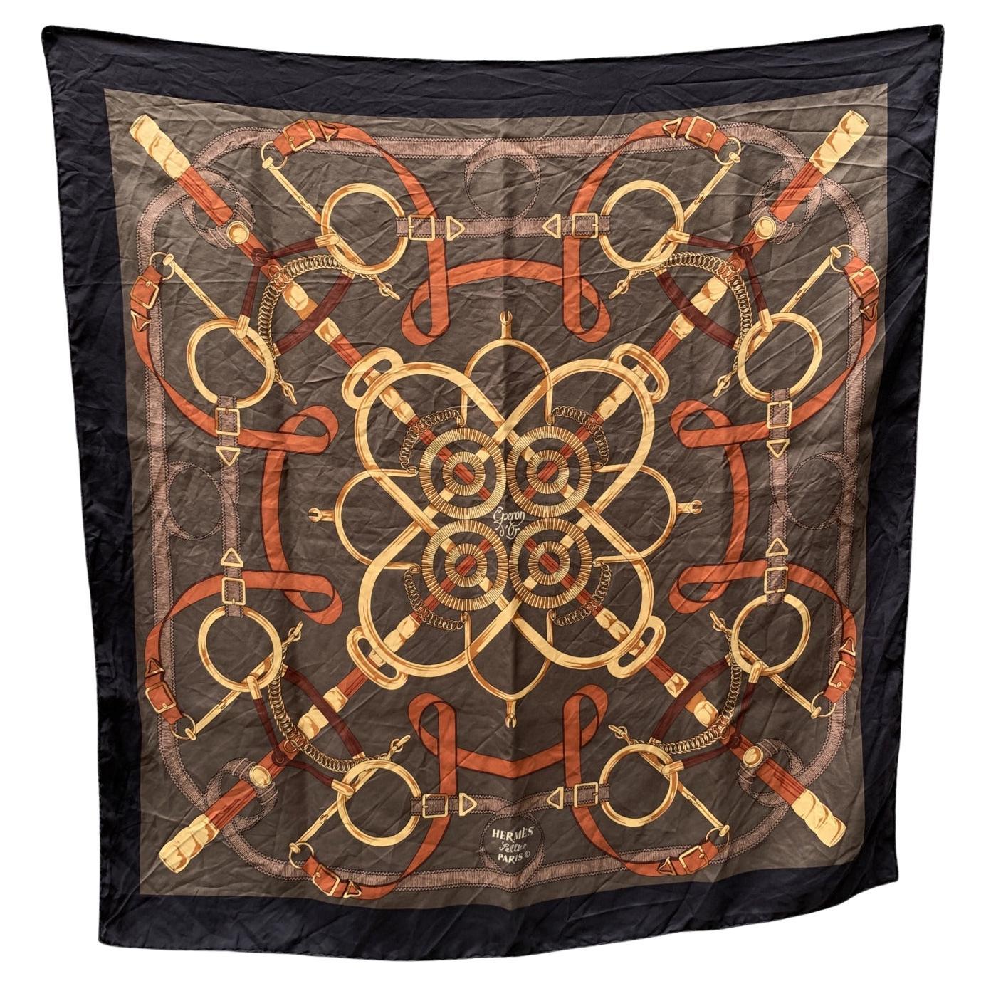 Hermes Pañuelo de seda vintage Eperon D'Or 1974 Henri D'Origny Negro