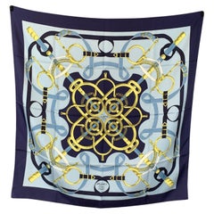 Hermes Vintage Silk Scarf Eperon D'Or 1974 Henry D'Origny Blue