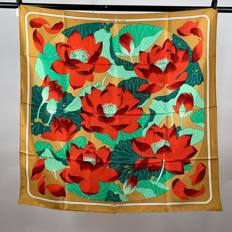 Hermes Vintage Silk Scarf Fleurs de Lotus 1976 Christiane Vauzelles For