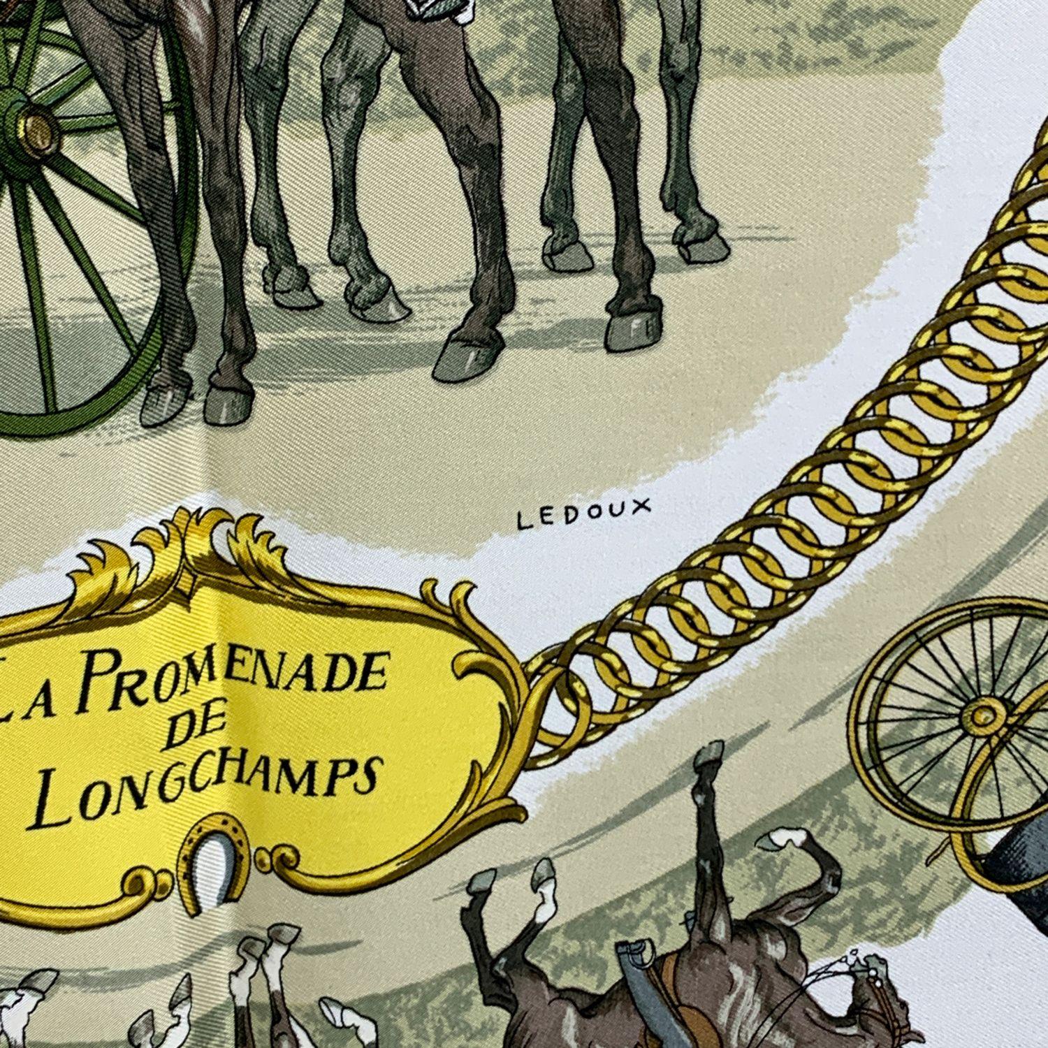 Vintage HERMES Silk scarf named 'La promenade de Longchamps' by Phippe Ledoux. First issued in 1965 and reissued 1970, 1975, 1980, 1986, 1999, 2002. The Scarf depicts women and men on horse and carriages. The border of the scarf is in green color.