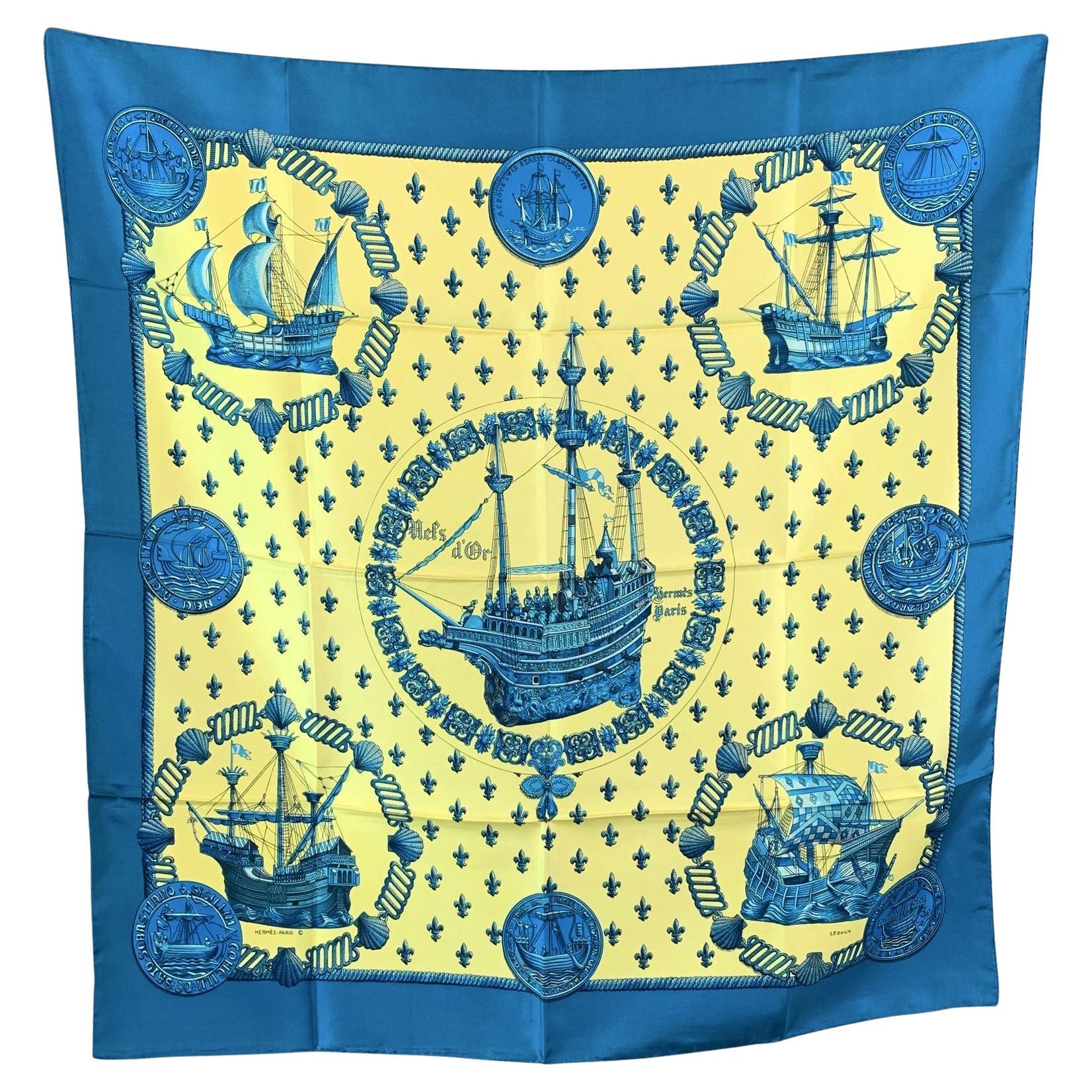 Pañuelo de seda Hermes Vintage Les Nefs d'Or 1971 Philippe Ledoux