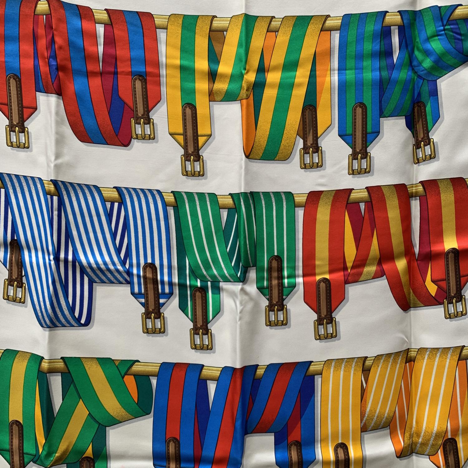 Beige Hermes Vintage Silk Scarf Les Sangles Belts 1985 Metz Blue Border