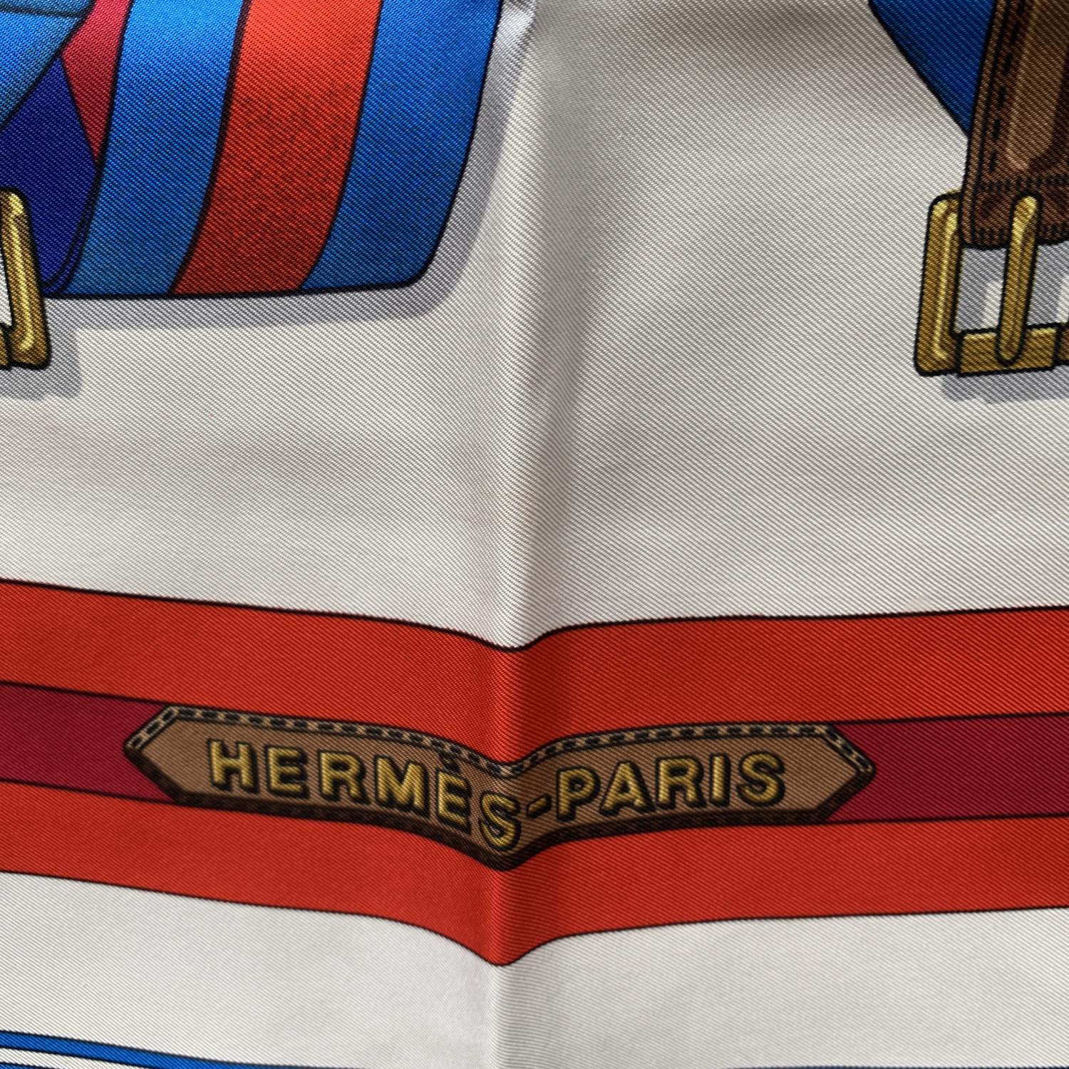 Hermes Vintage Silk Scarf Les Sangles Belts 1985 Metz Blue Border In Excellent Condition For Sale In Rome, Rome