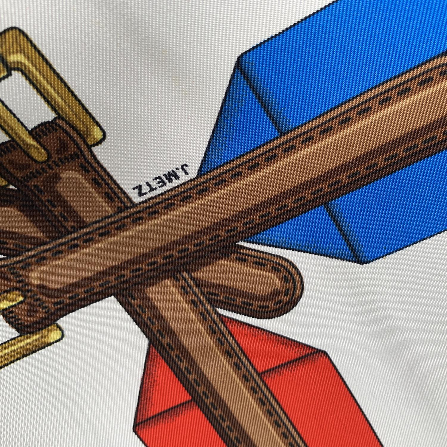 Hermes Vintage Silk Scarf Les Sangles Belts 1985 Metz Blue Border 1