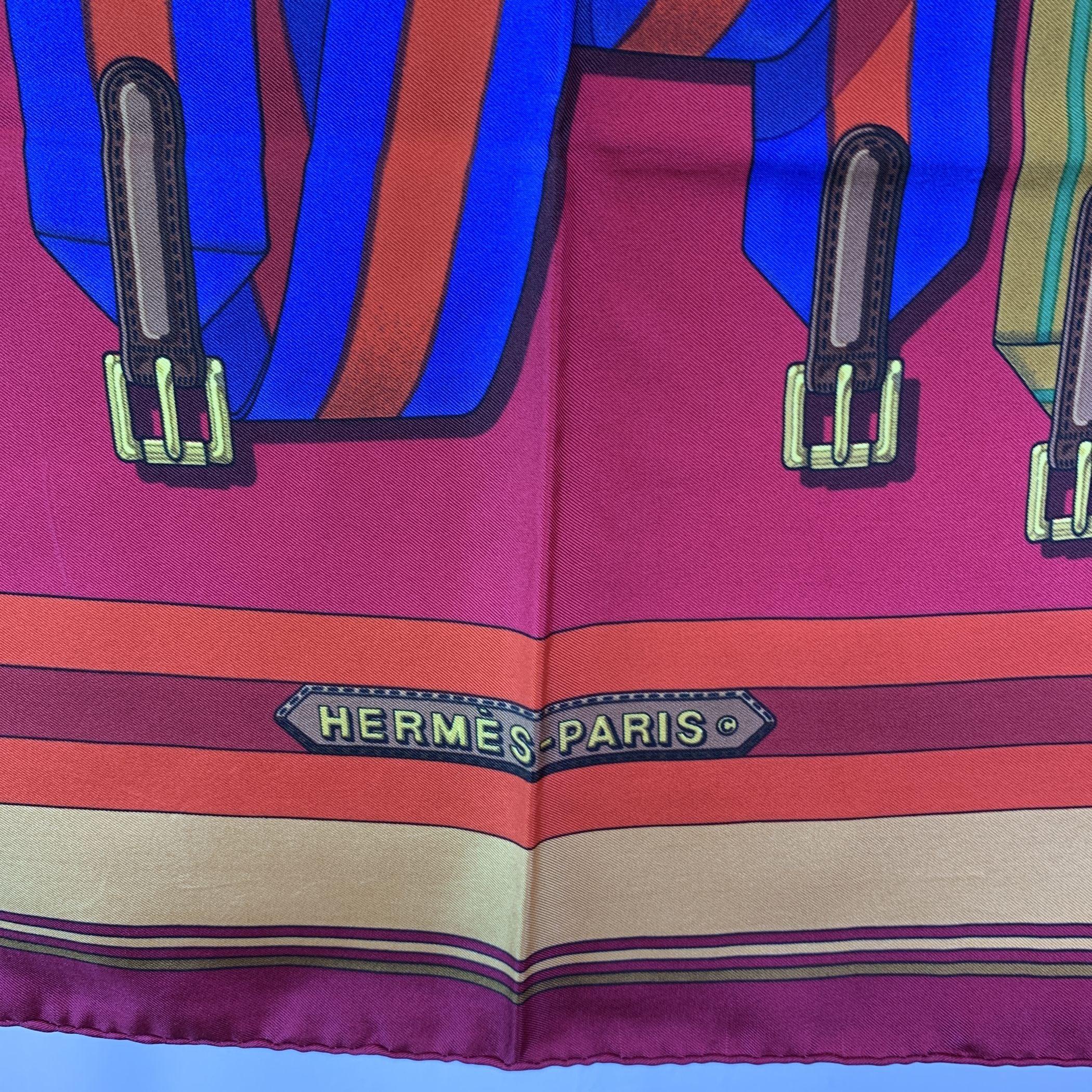 Hermes Vintage Pañuelo de Seda Les Sangles Cinturones 1985 Metz Magenta en venta 1
