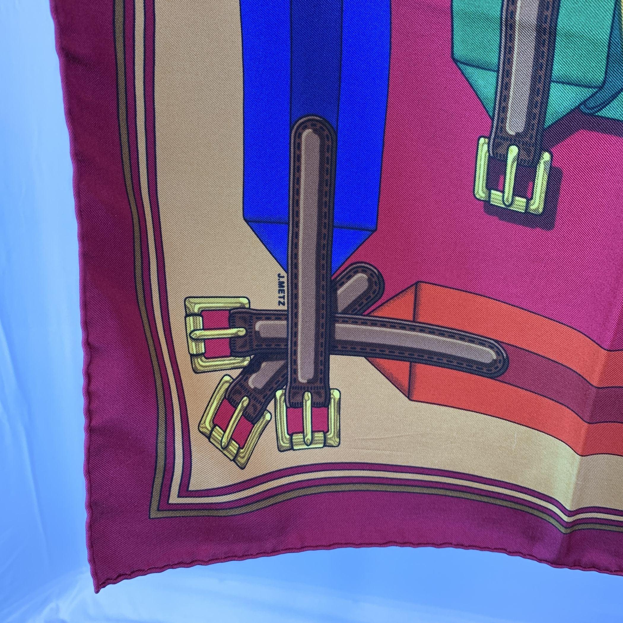 Hermes Vintage Pañuelo de Seda Les Sangles Cinturones 1985 Metz Magenta en venta 2