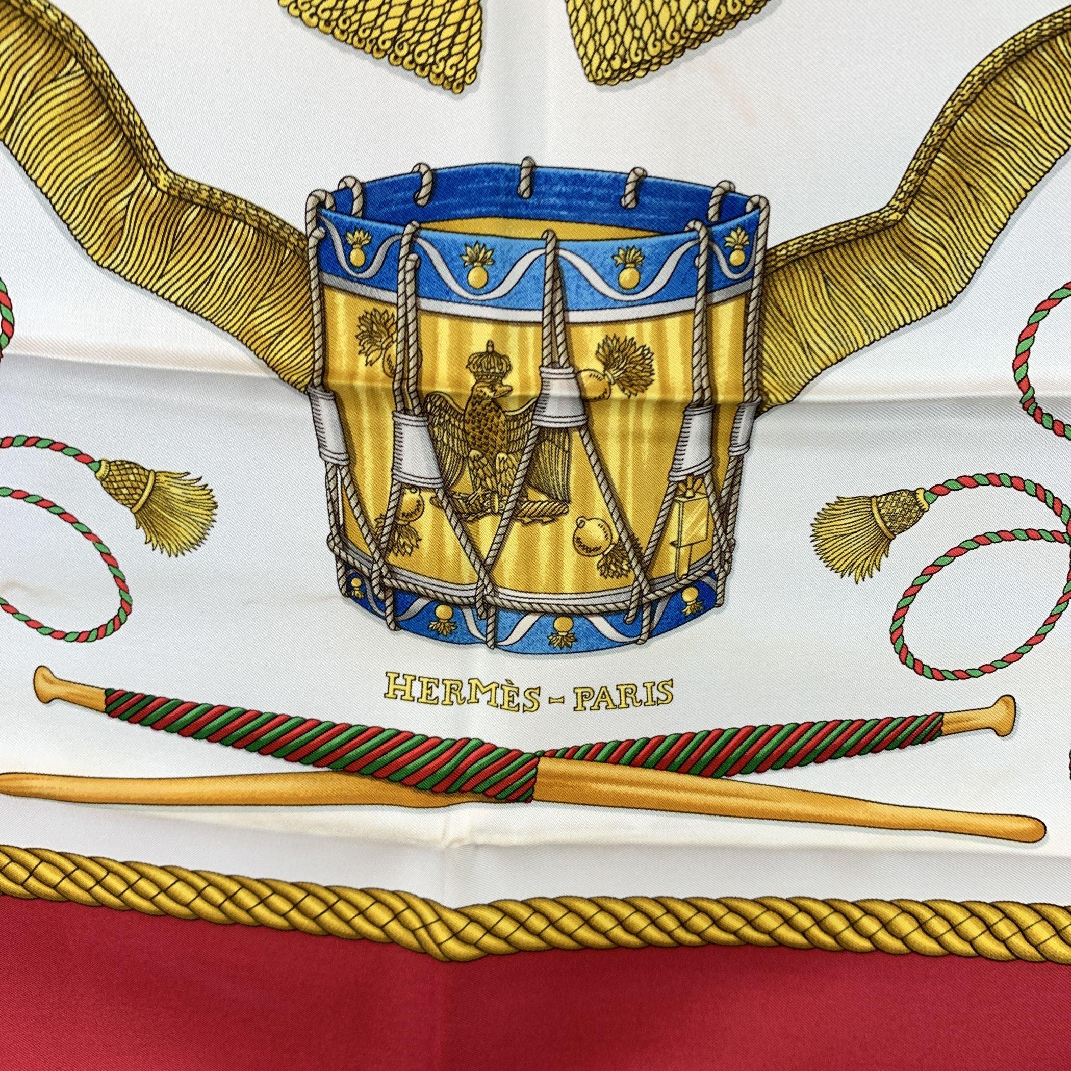 Beige Hermes Vintage Silk Scarf Les Tambours 1989 Joachim Metz Red For Sale