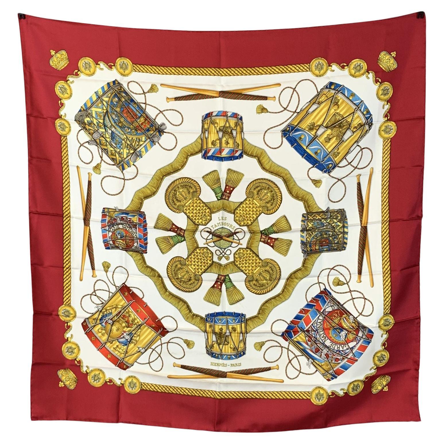 Hermes Vintage Silk Scarf Les Tambours 1989 Joachim Metz Red For Sale