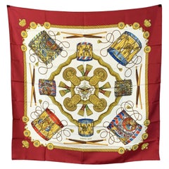 Hermes Vintage Silk Scarf Les Tambours 1989 Joachim Metz Red