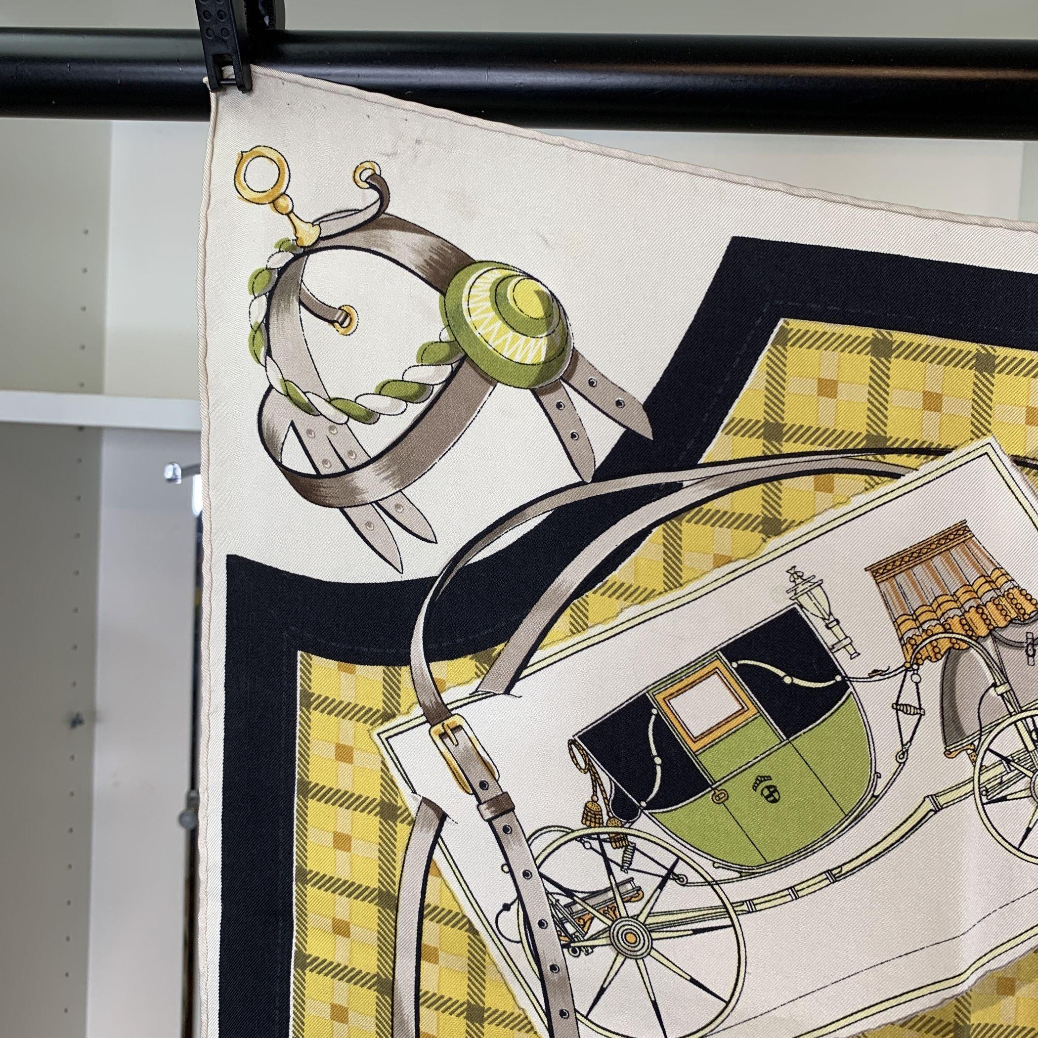 Beige Hermes Vintage Silk Scarf Les Voitures Nouvelles by Jacques Eudel 1961 For Sale