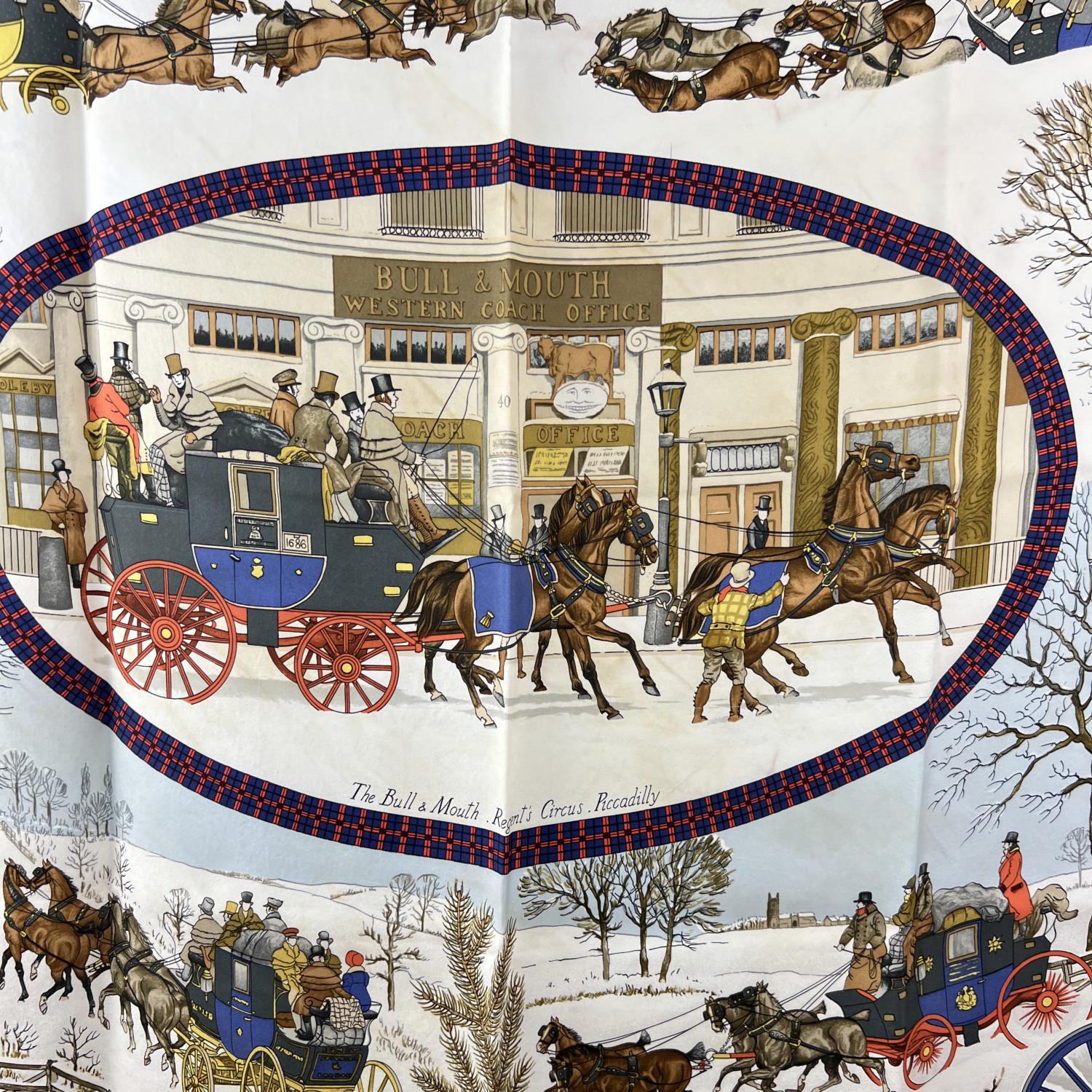 HERMES Silk scarf named 'L'HIVER EN POSTE', created by famed artist Philippe Ledoux. His design was inspired by the turn of the 19th century postal delivery system, featuring several winter scenes and London's Regent's Circus and Piccadilly square
