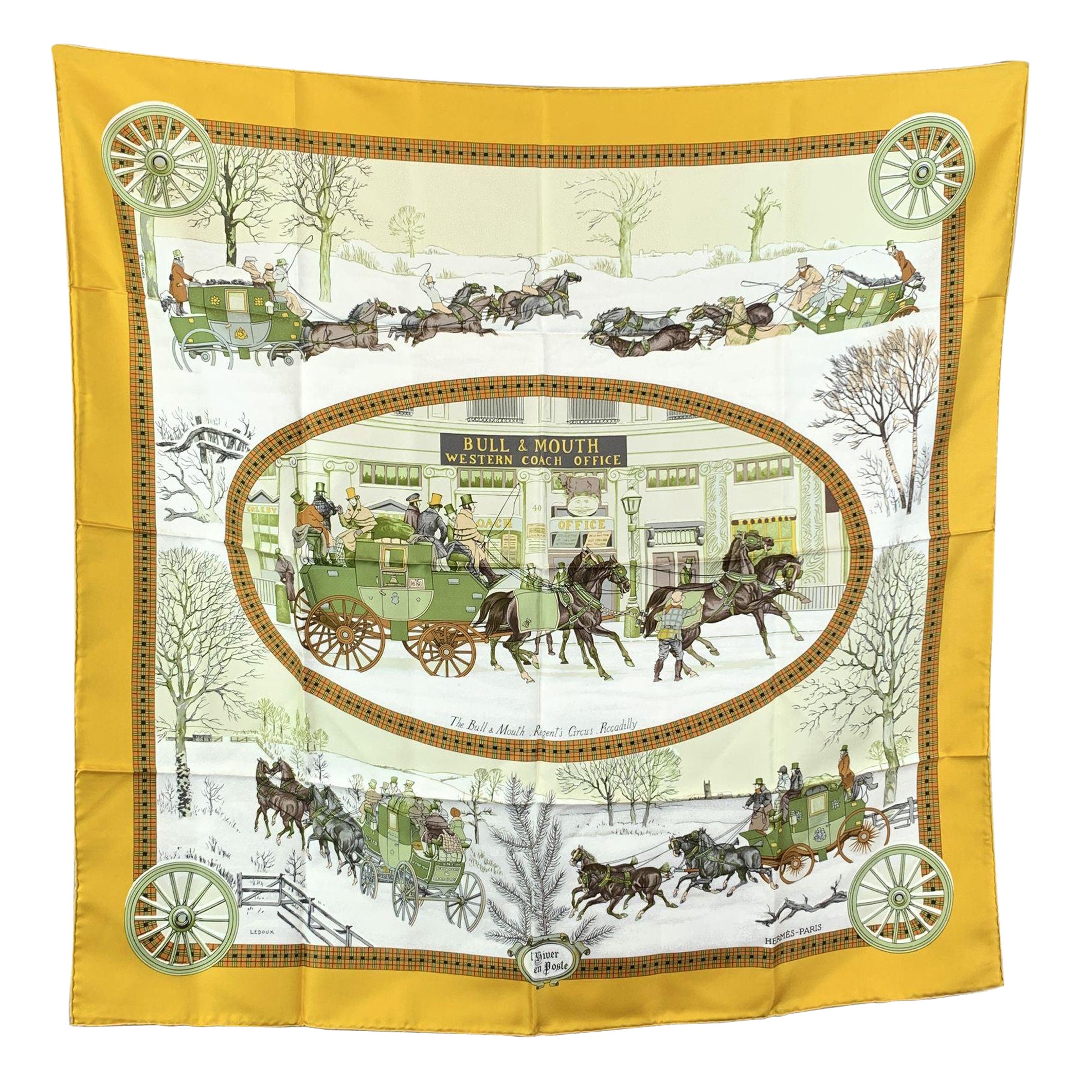 Hermes Vintage Silk Scarf L'Hiver En Poste 1975 Philippe Ledoux