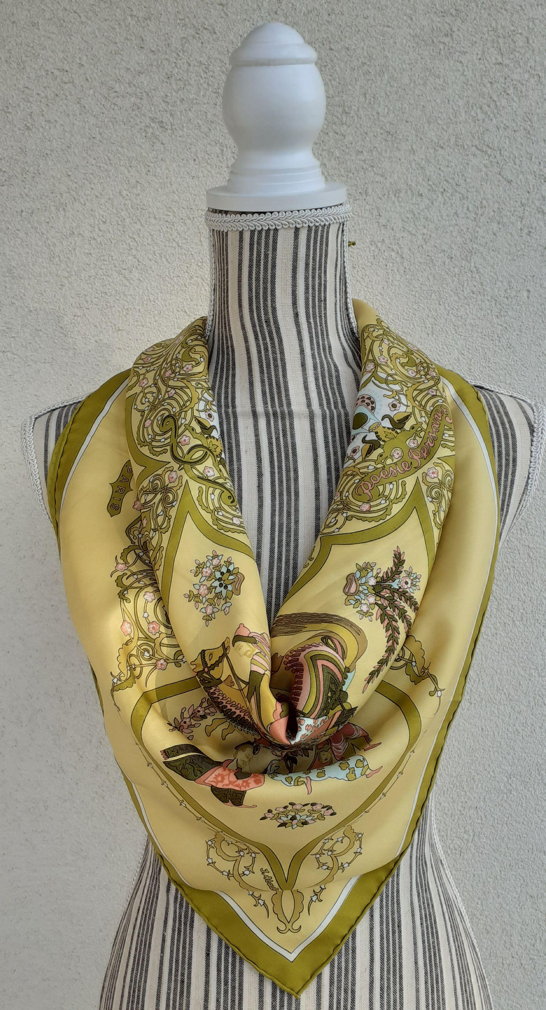 Hermès Vintage Silk Scarf Poesie Persane Julie Abadie Yellow 90 cm 13