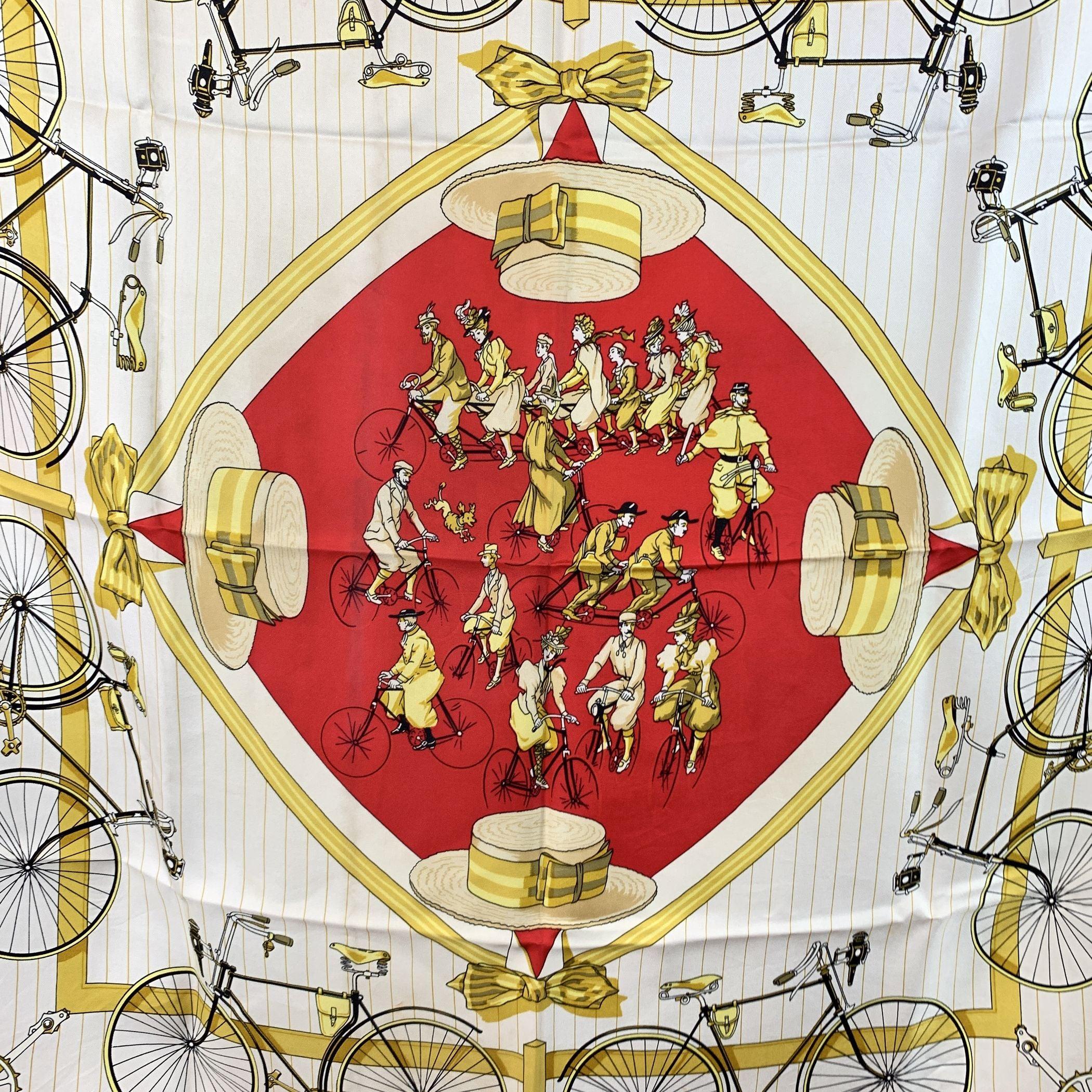 Step into the elegance of the Belle Époque with this rare Les Bécanes silk scarf, designed by Hugo Grygkar for Hermès. Originally launched in 1954, this vintage gem pays homage to an era when the bicycle became not only a practical mode of transport