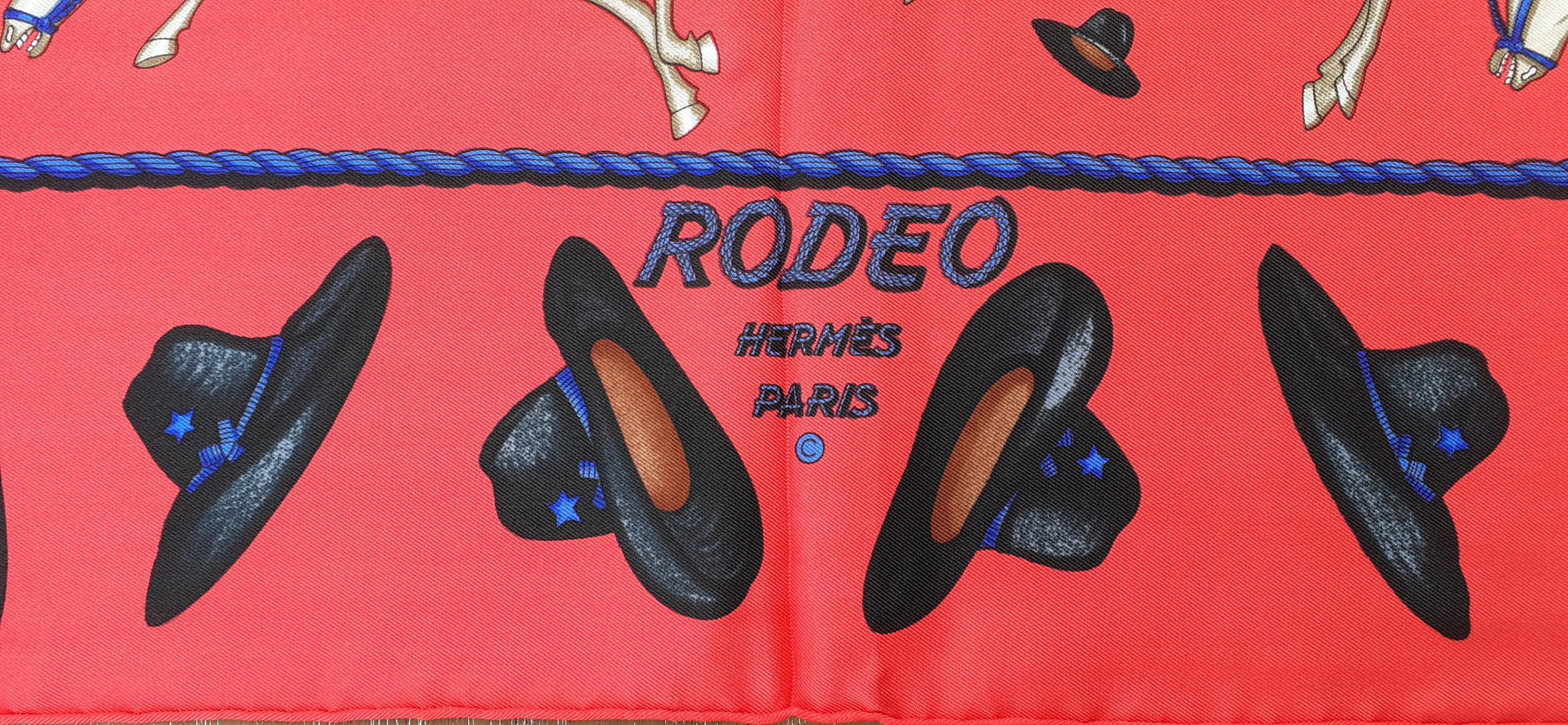 Red Hermès Vintage Silk Scarf Rodeo Duchene Horse Riding Texas Austin Houston RARE