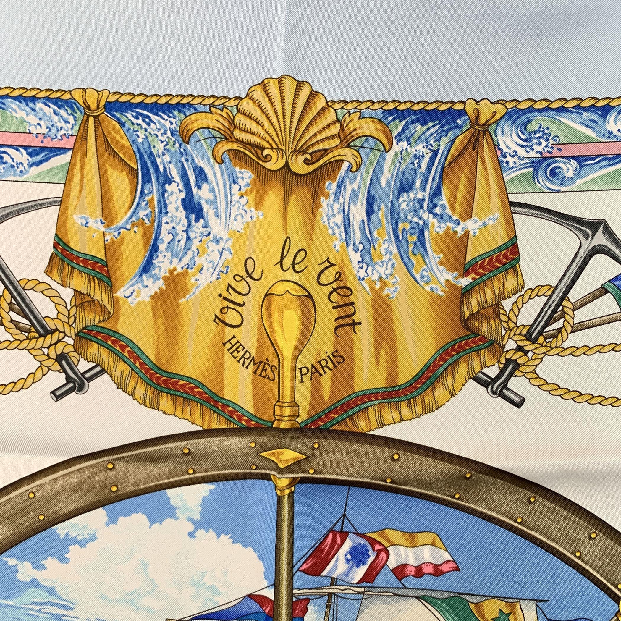 Gray Hermes Vintage Silk Scarf Vive le Vent 1992 Toutsy Bourthoumieux For Sale
