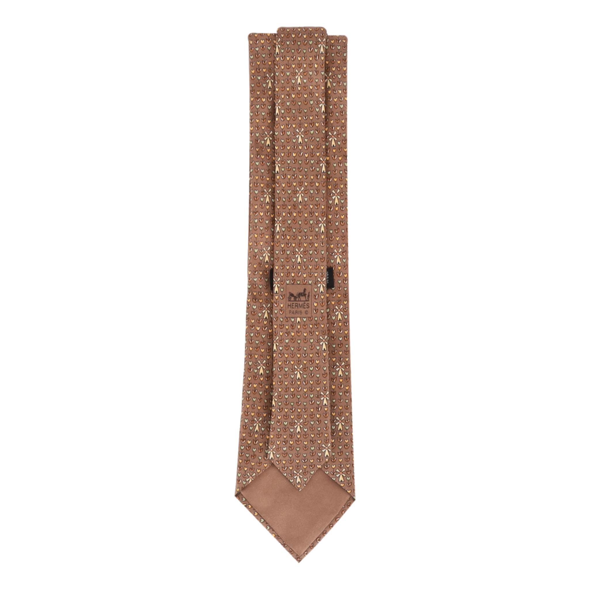Brown Hermes Vintage Silk Tie With Windmills and Tulip Print