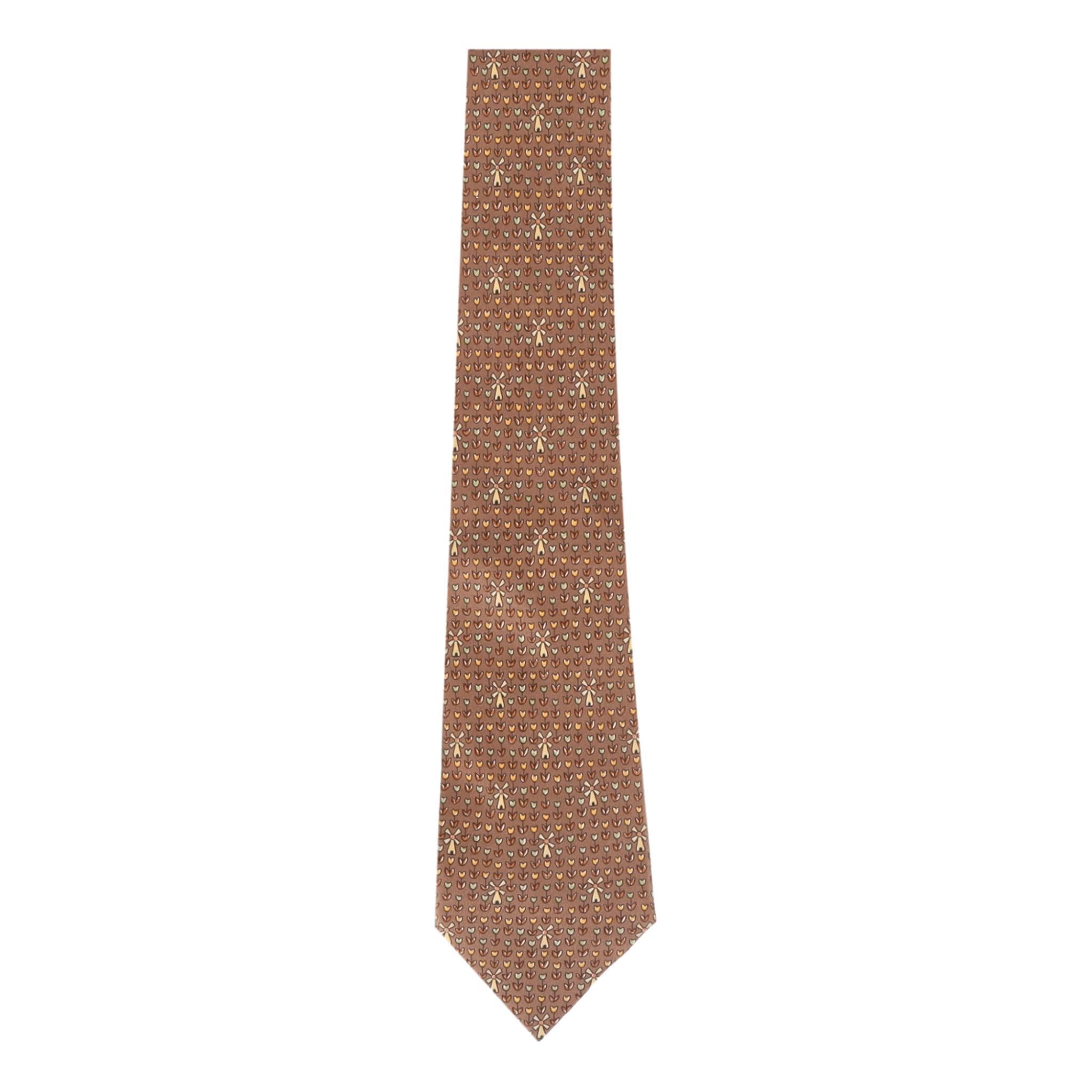 Hermes Vintage Silk Tie With Windmills and Tulip Print In Excellent Condition In London, GB