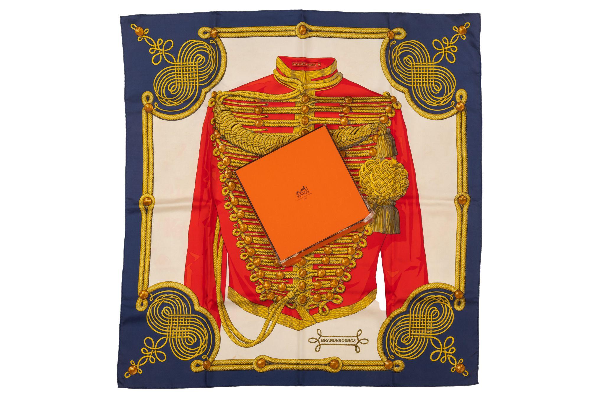 Hermès vintage silk twill rare Brandebourgs scarf designed by Caty Latham. Comes with the original box. Piece is pre-owned and has a stain. Please look at the pictures.