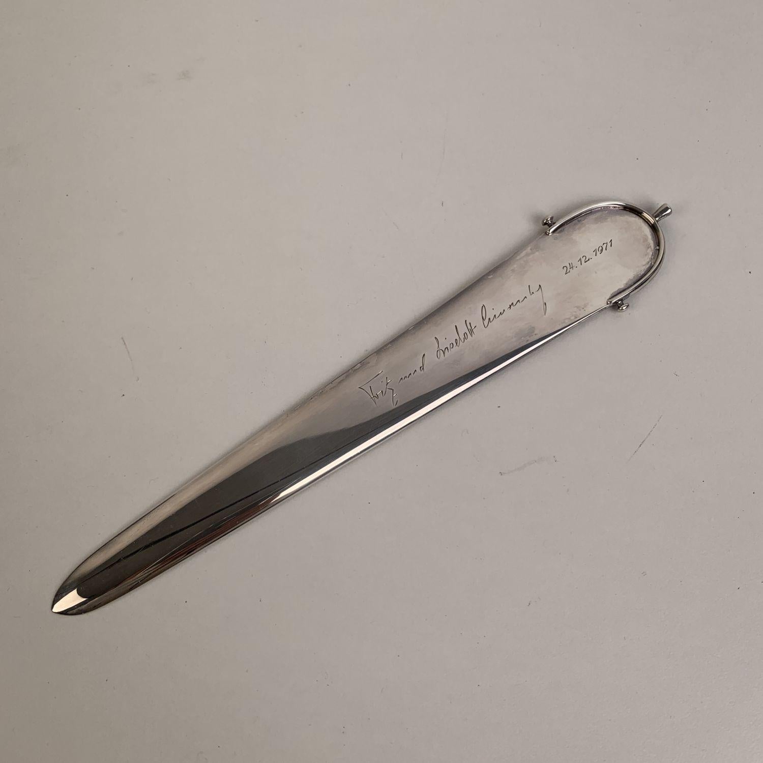 Vintage Hermes Letter opener in silver plate. Spur detailing. The letter opener is personalized with and egraved dedication and a date. Total lenght: 9 inches - 23 cm. 'Hermes Paris' engraved on the back. Halmark engraved on the
