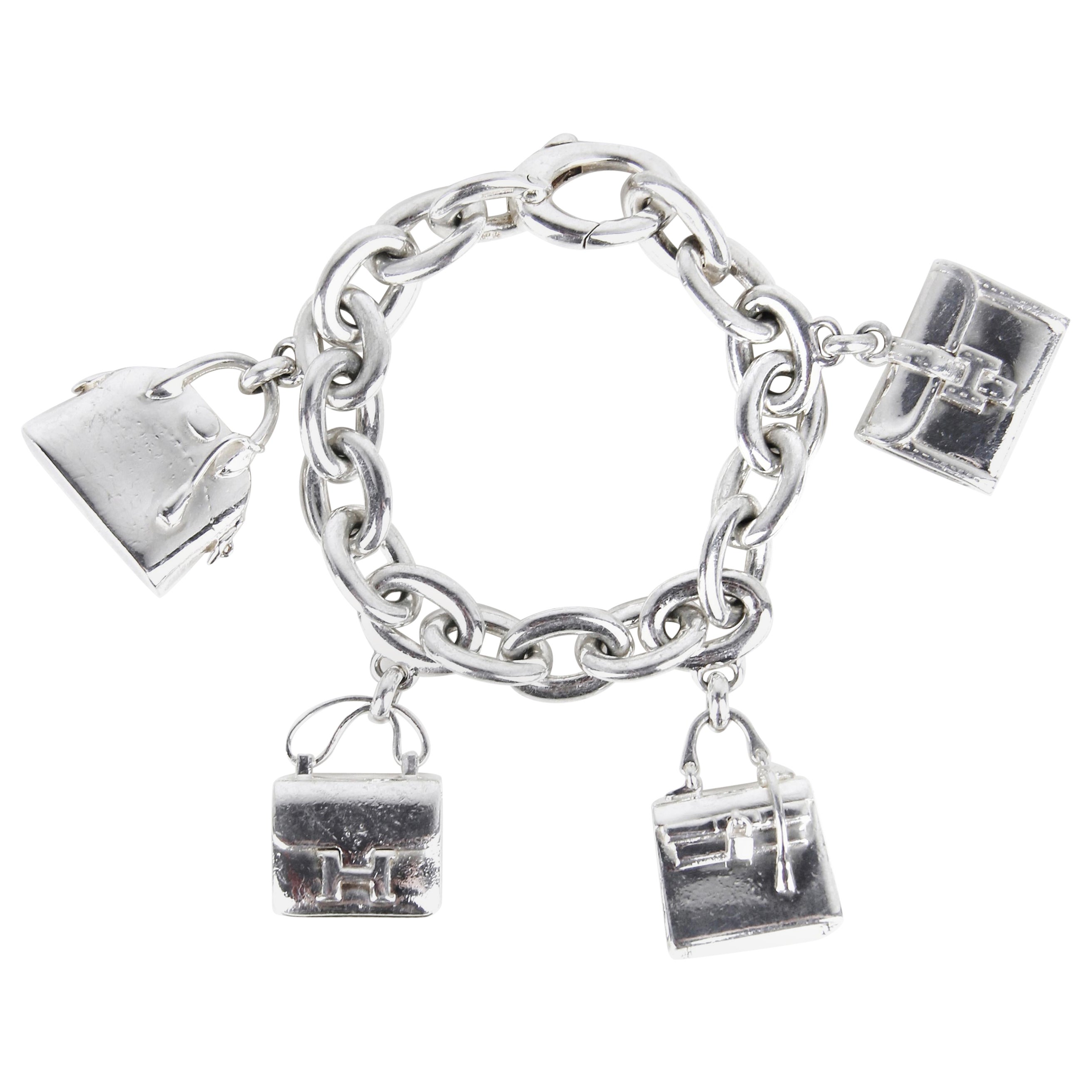 Hermes Vintage Sterling Silver Iconic Bags Charm Bracelet