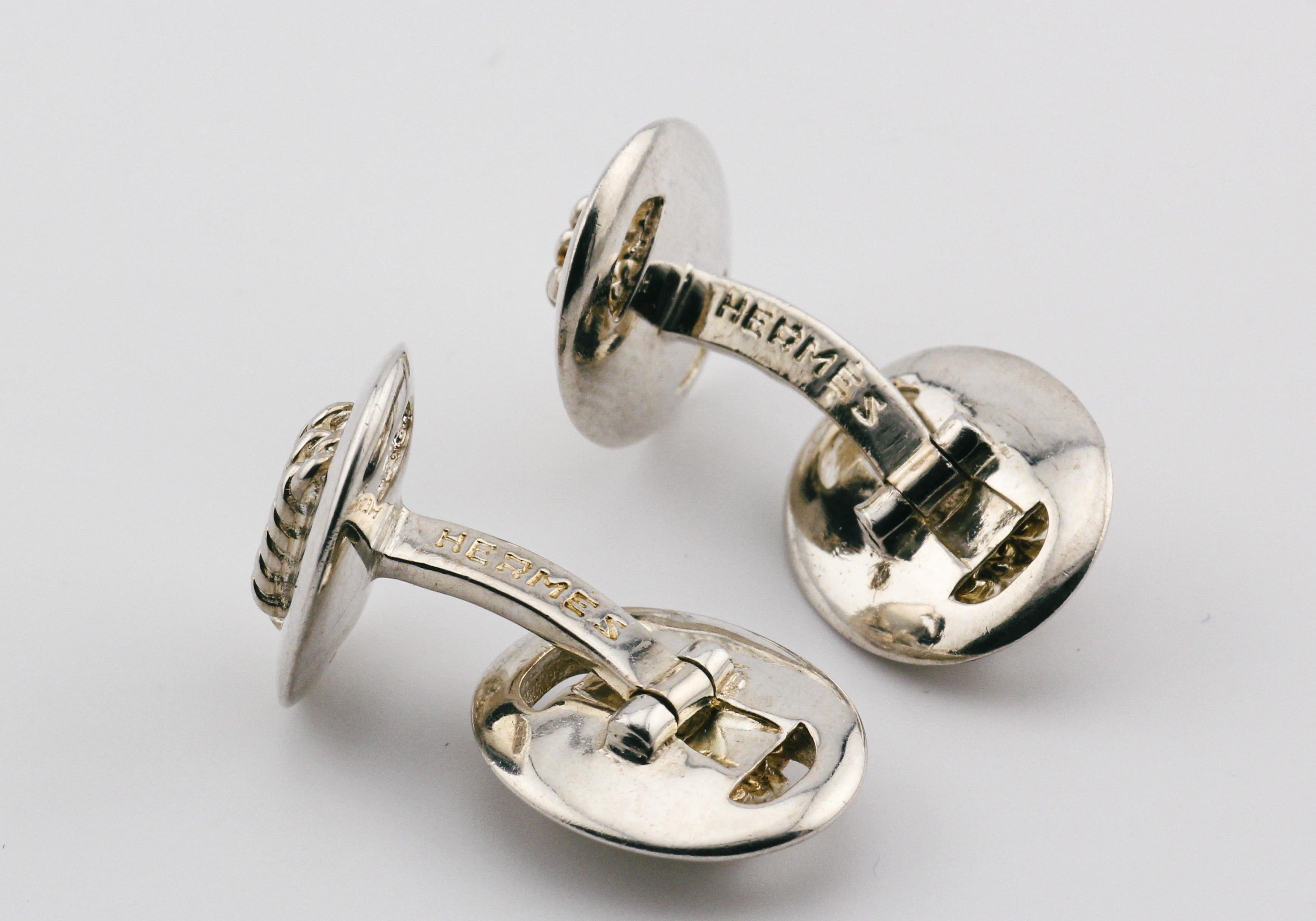 Hermes Vintage Sterling Silver Rope Motif Cufflinks In Good Condition For Sale In Bellmore, NY