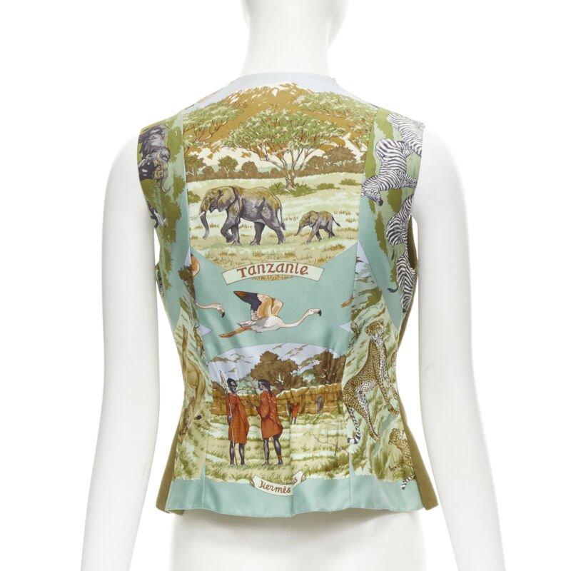 HERMES Vintage tan brown suede eather Tanzanie animal silk back vest FR40 M For Sale 5