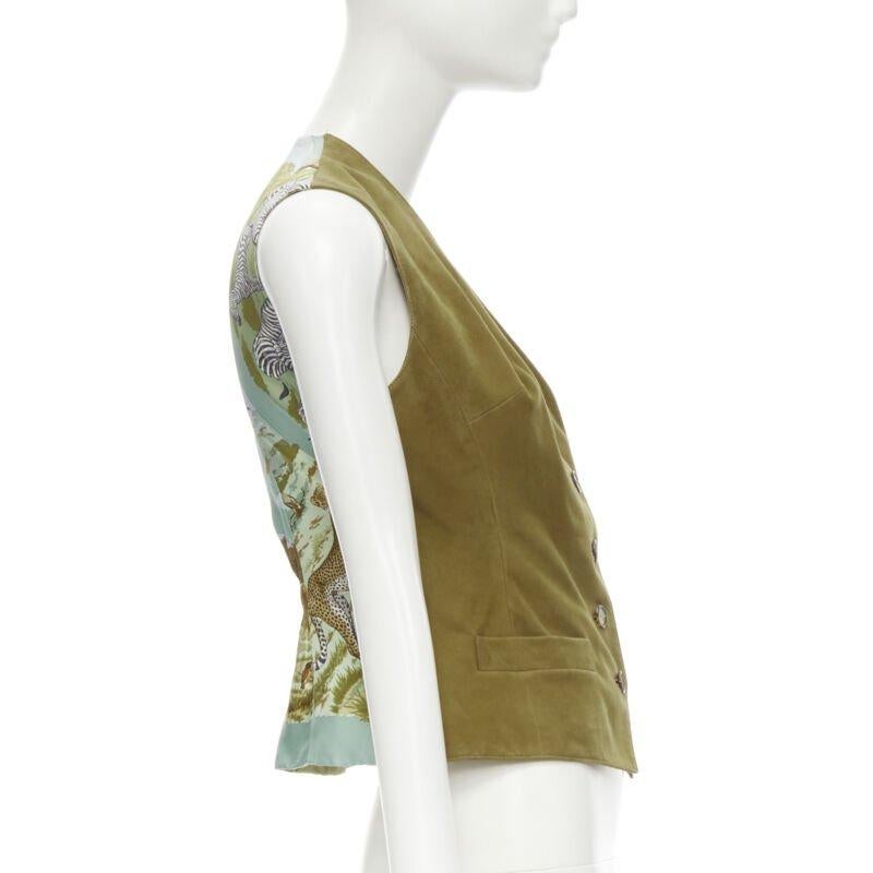 HERMES Vintage tan brown suede eather Tanzanie animal silk back vest FR40 M In Good Condition For Sale In Hong Kong, NT